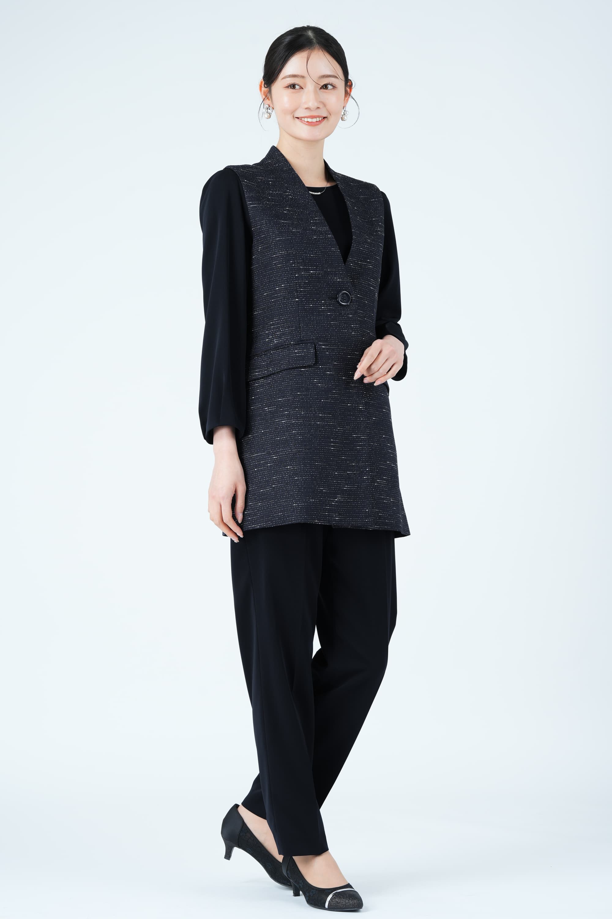 ツイード調ロングジレネイビーパンツドレスセット