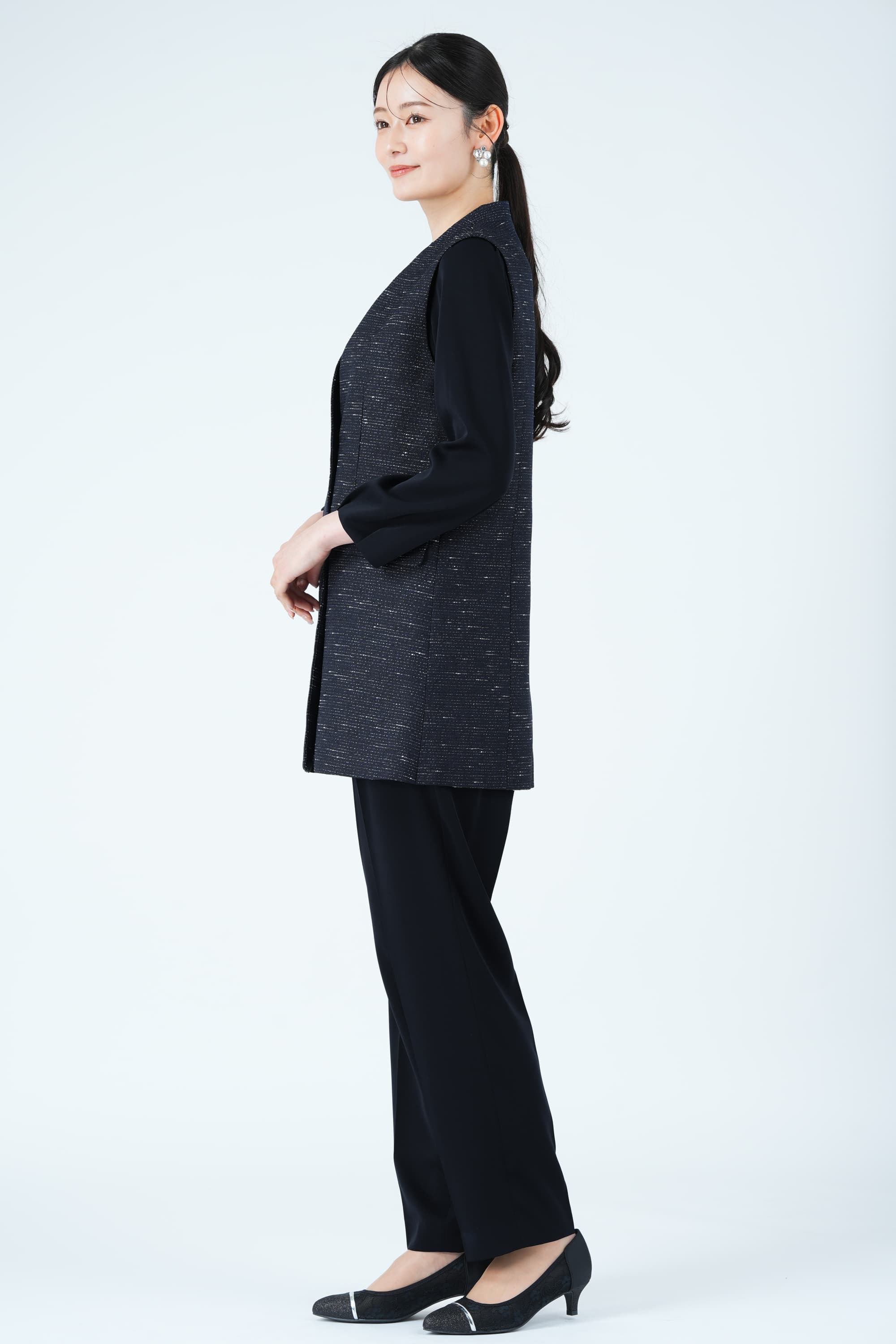 ツイード調ロングジレネイビーパンツドレスセット