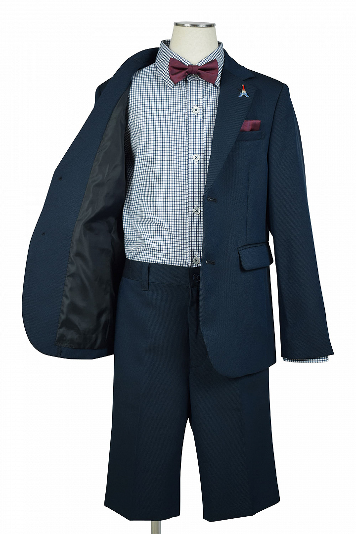 チェックシャツ×蝶ネクタイネイビースーツセット