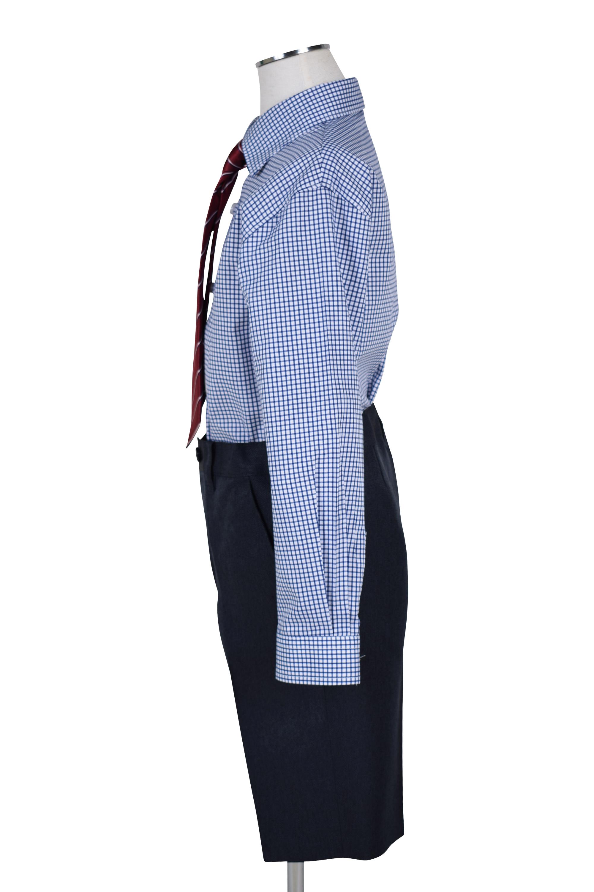 チェックシャツ×赤ネクタイネイビースーツセット