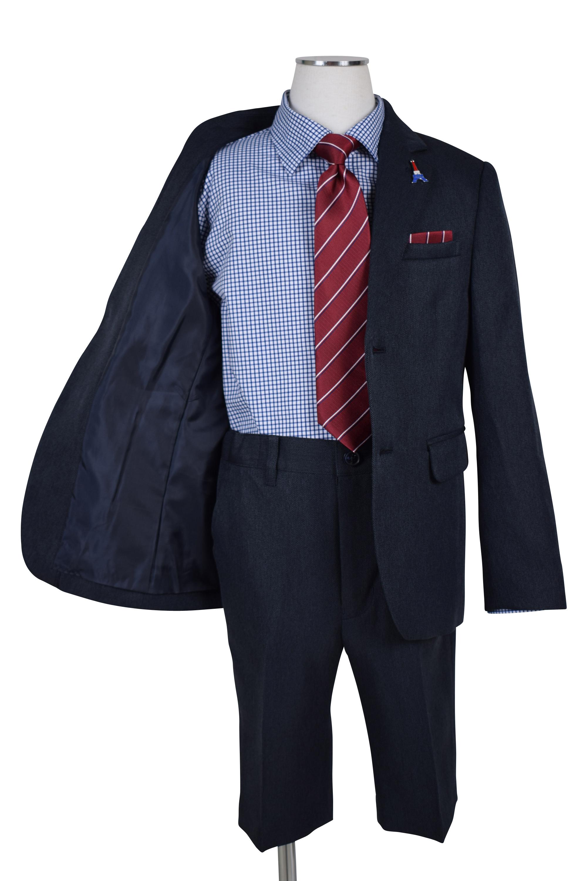 チェックシャツ×赤ネクタイネイビースーツセット