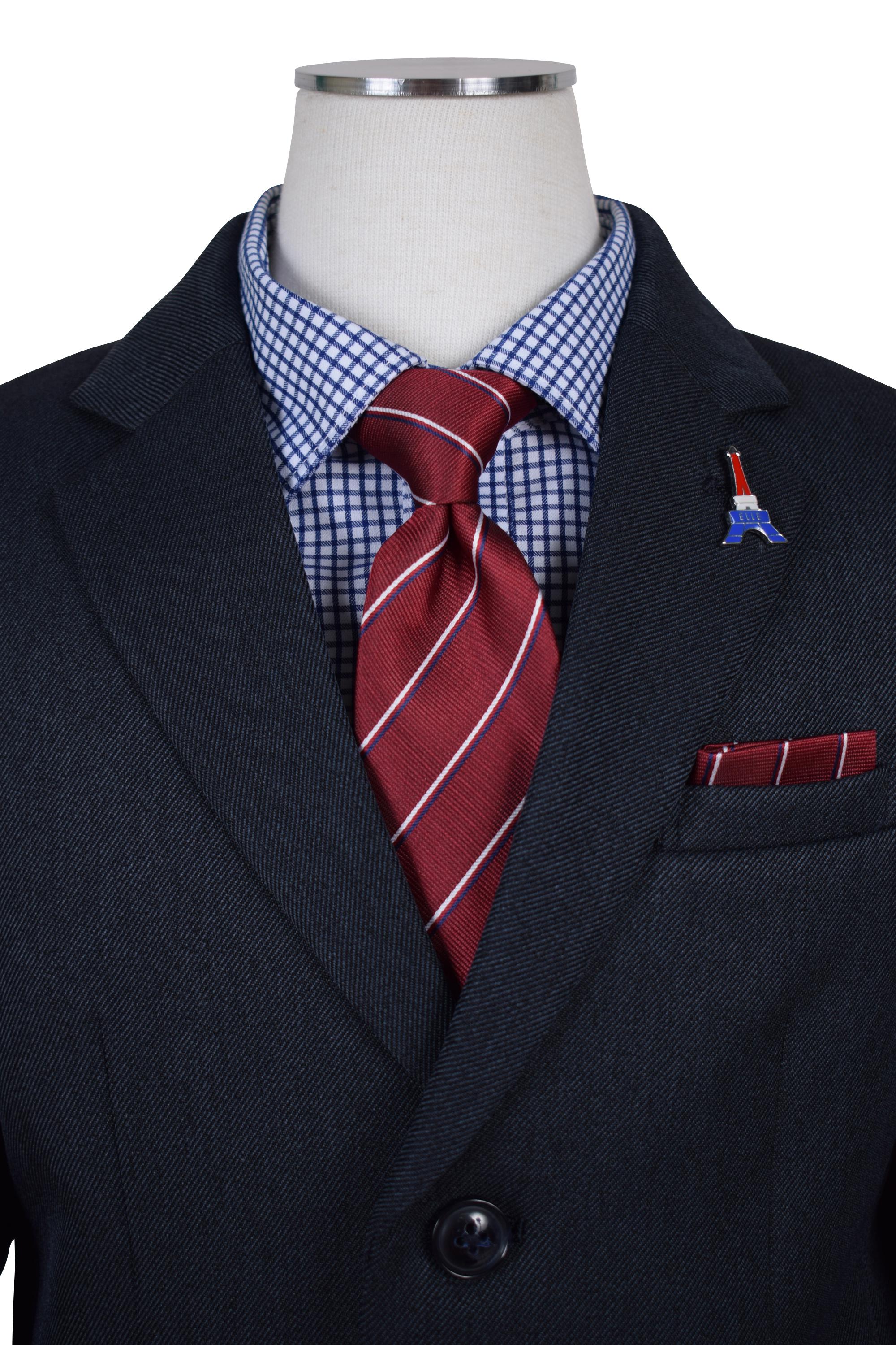 チェックシャツ×赤ネクタイネイビースーツセット