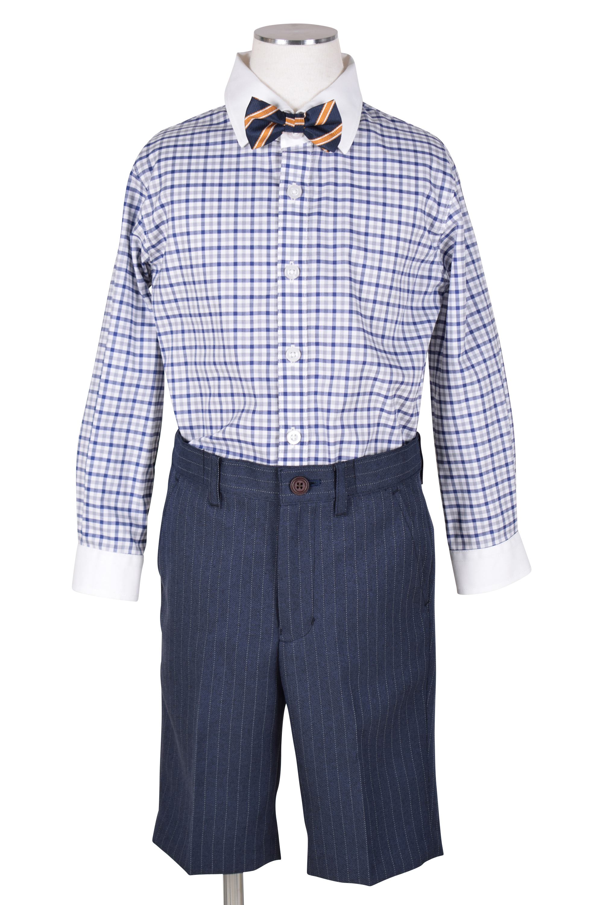 チェックシャツ紺ストライプスーツセット