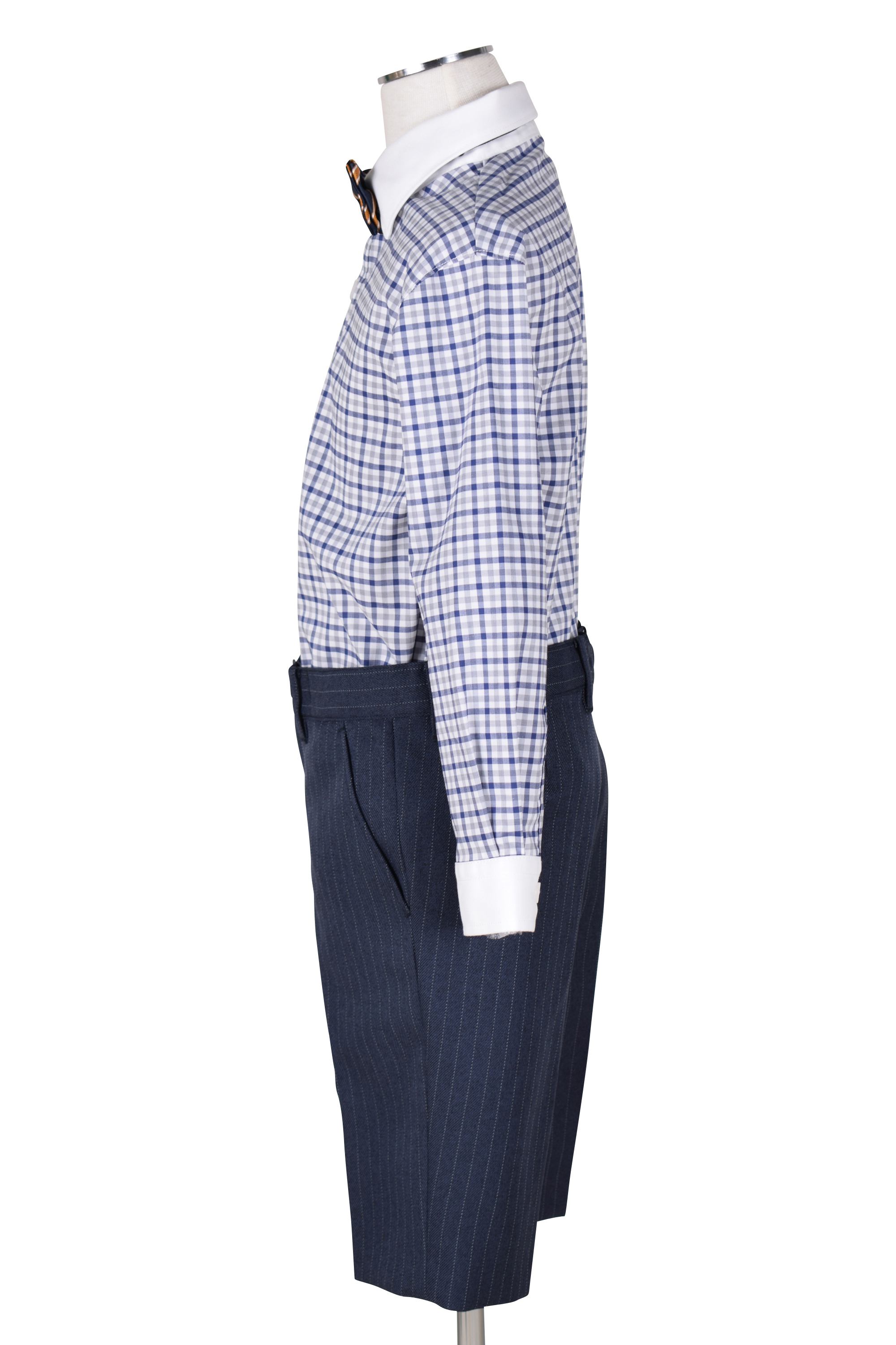 チェックシャツ紺ストライプスーツセット