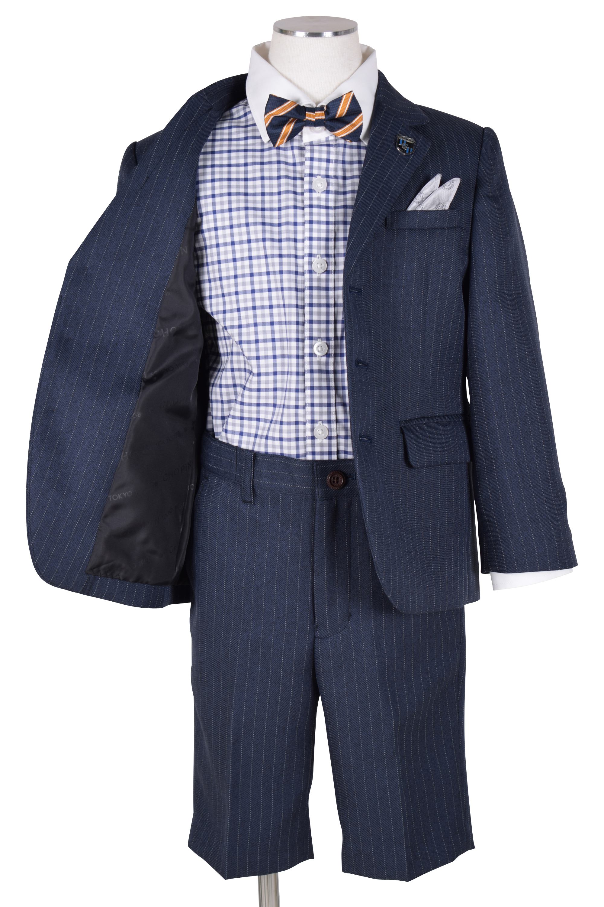 チェックシャツ紺ストライプスーツセット