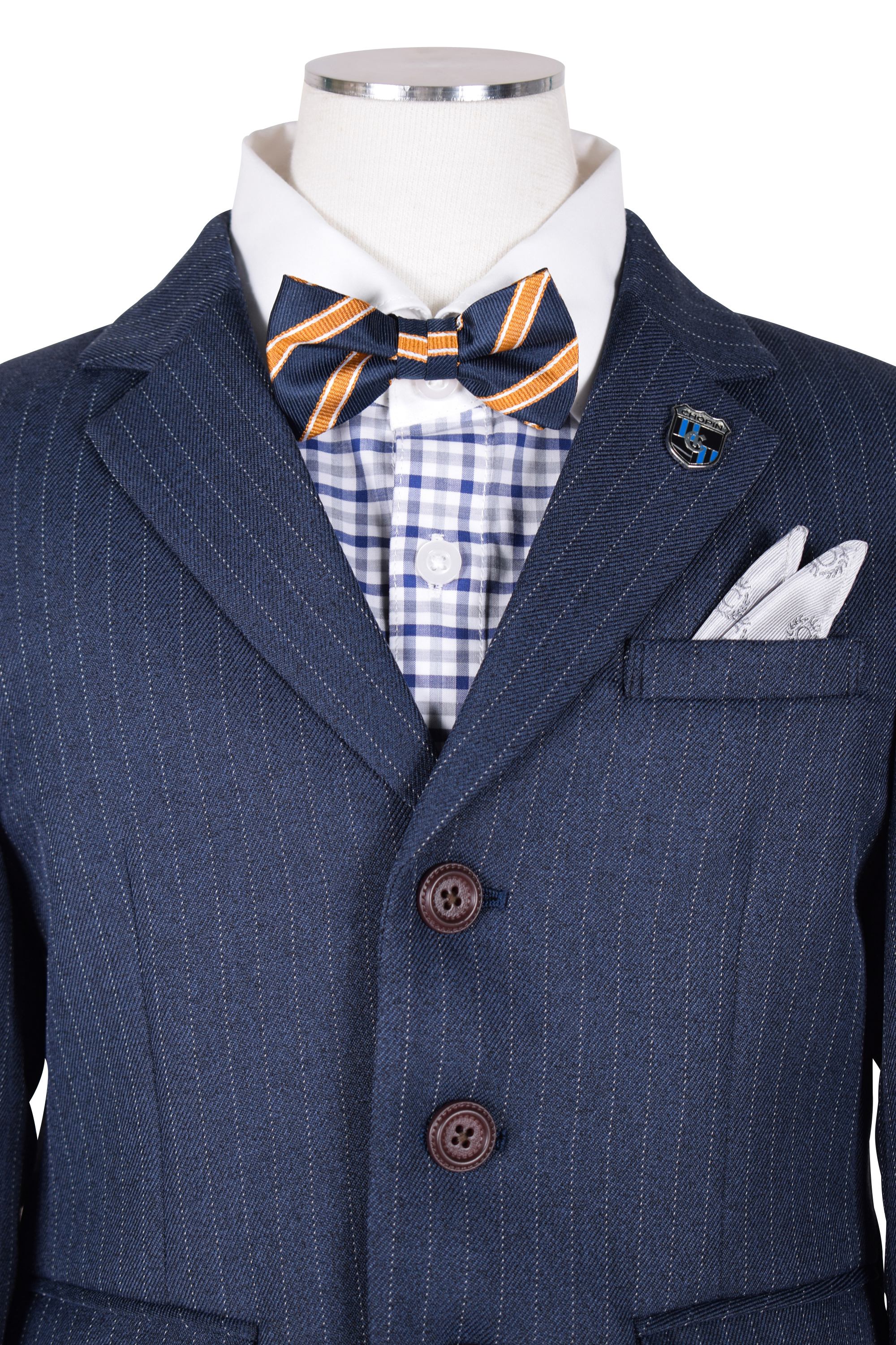 チェックシャツ紺ストライプスーツセット