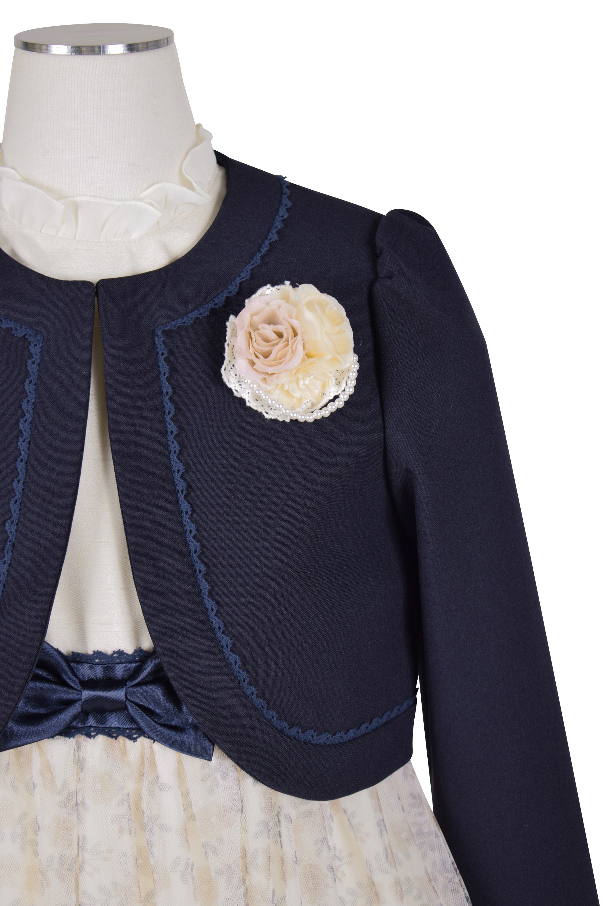 チュール小花柄アイボリー×ネイビーワンピースセット