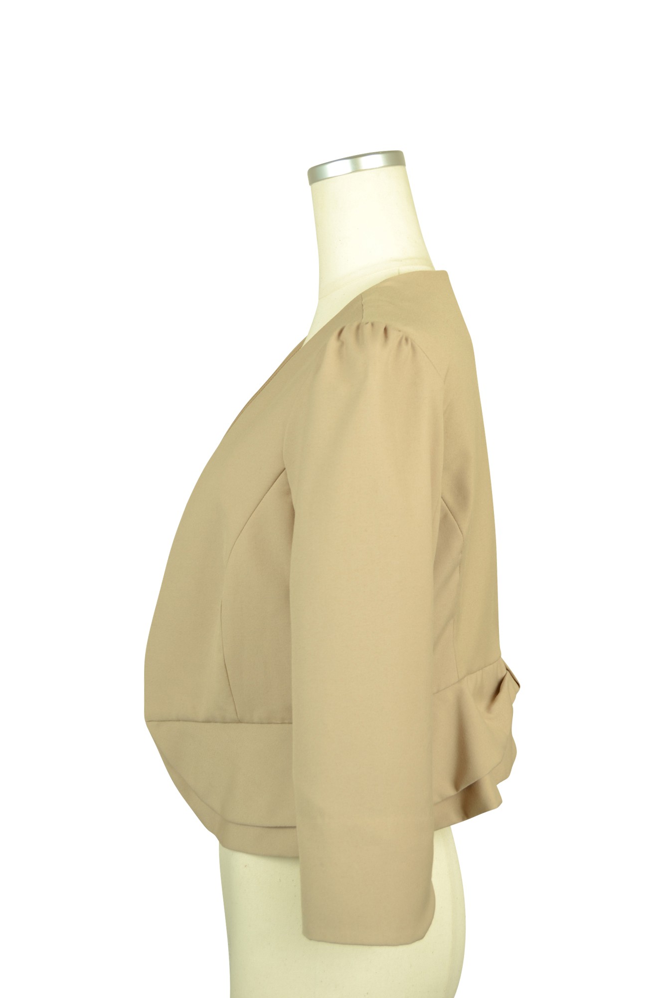 ベージュ7分袖ノーカラージャケット