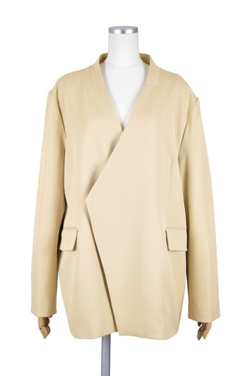 メランジ調ノーカラーベージュジャケット