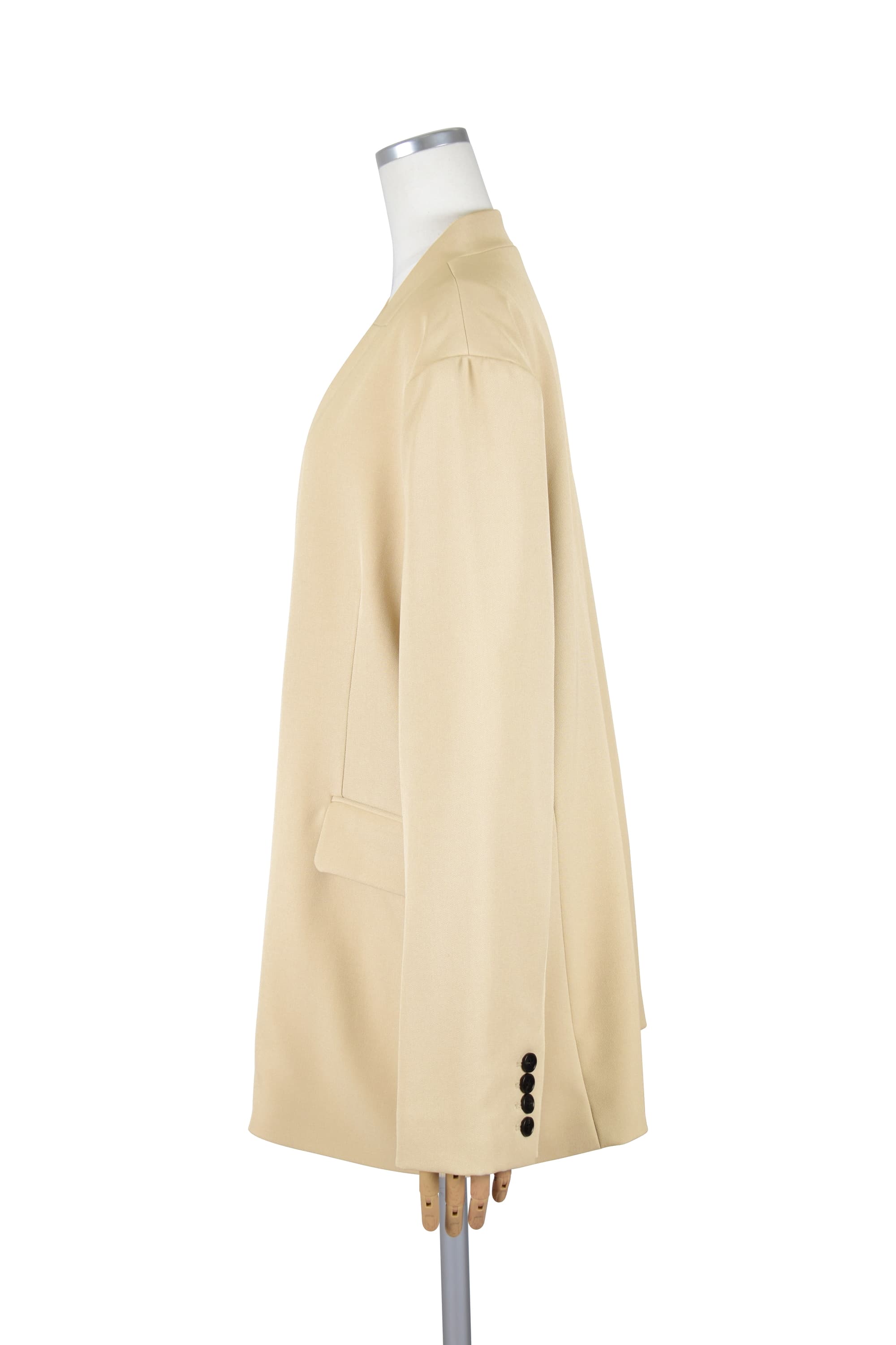 メランジ調ノーカラーベージュジャケット