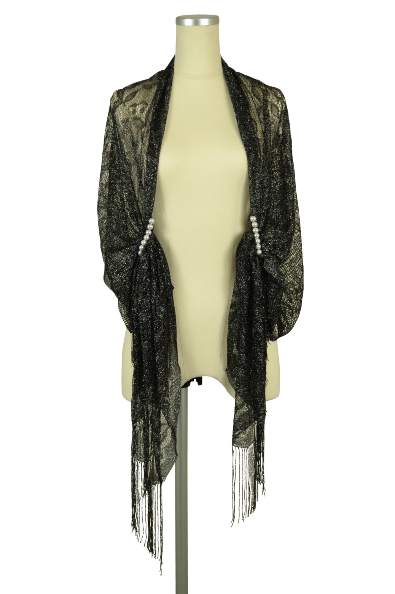 パール留め具付きブラックショール