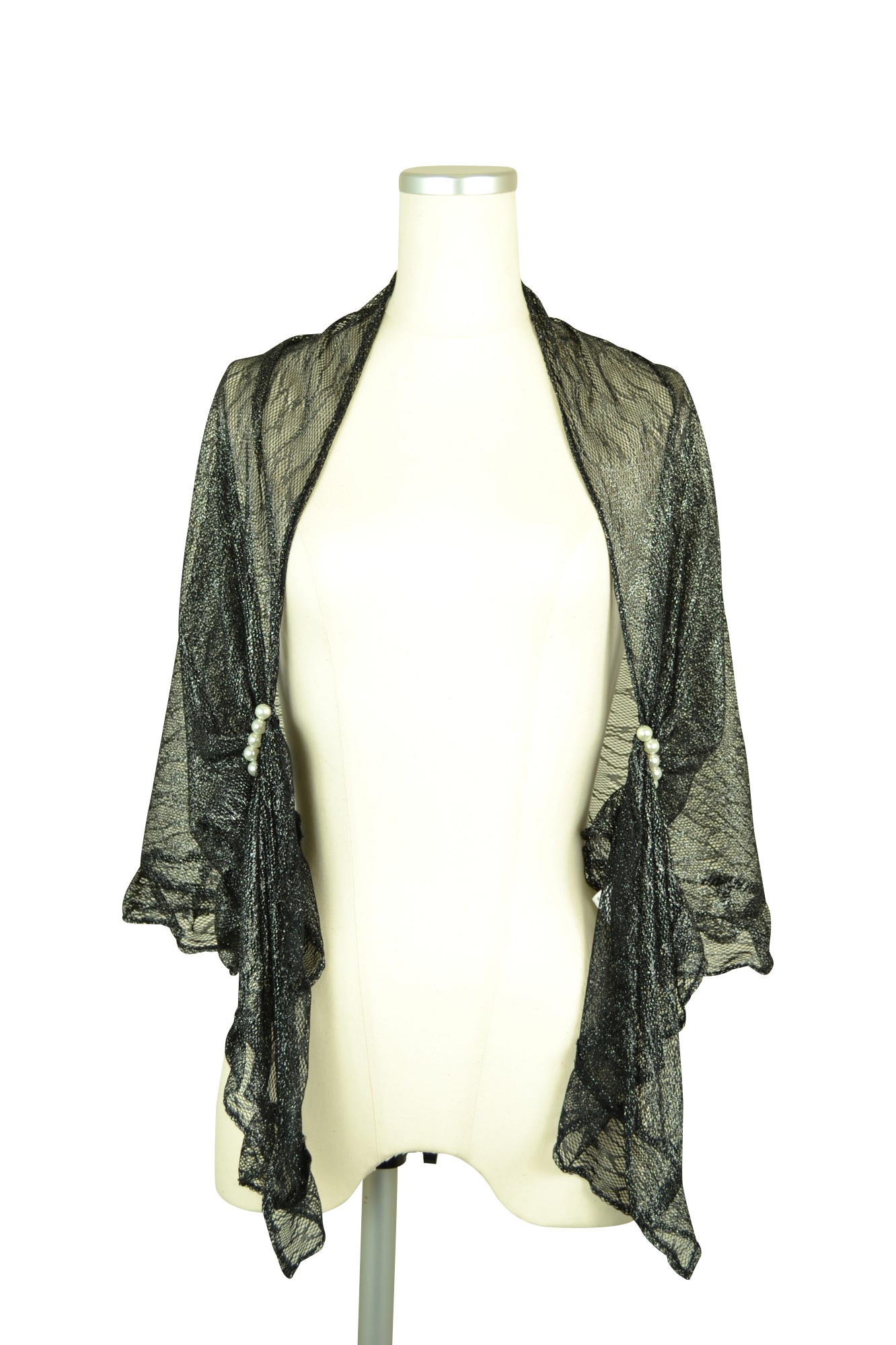 パール留め具付きストレッチブラックショール