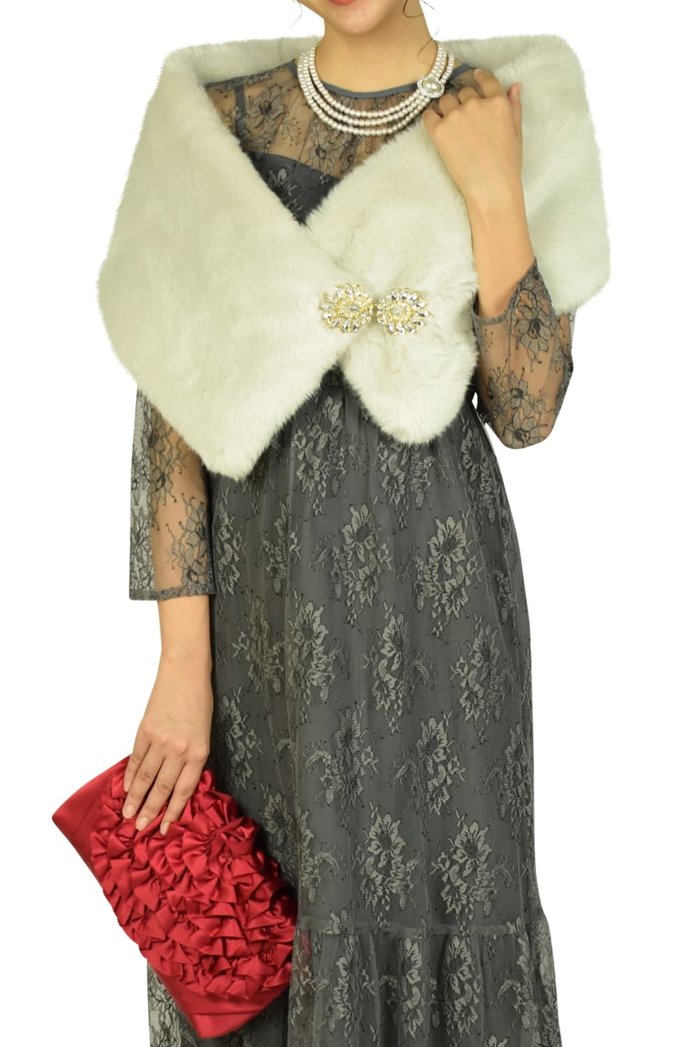 Burlone クリスタル留め具グレージュファーショール をレンタル - 結婚