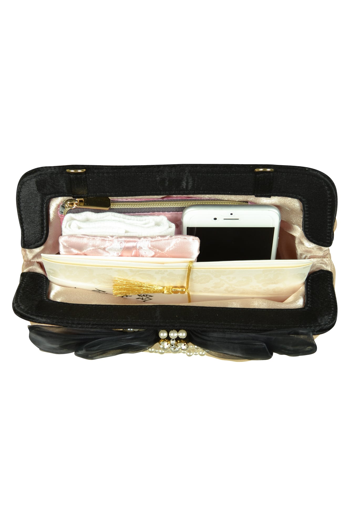 3Dリボンパールビジュシャンパン×ブラックバッグ