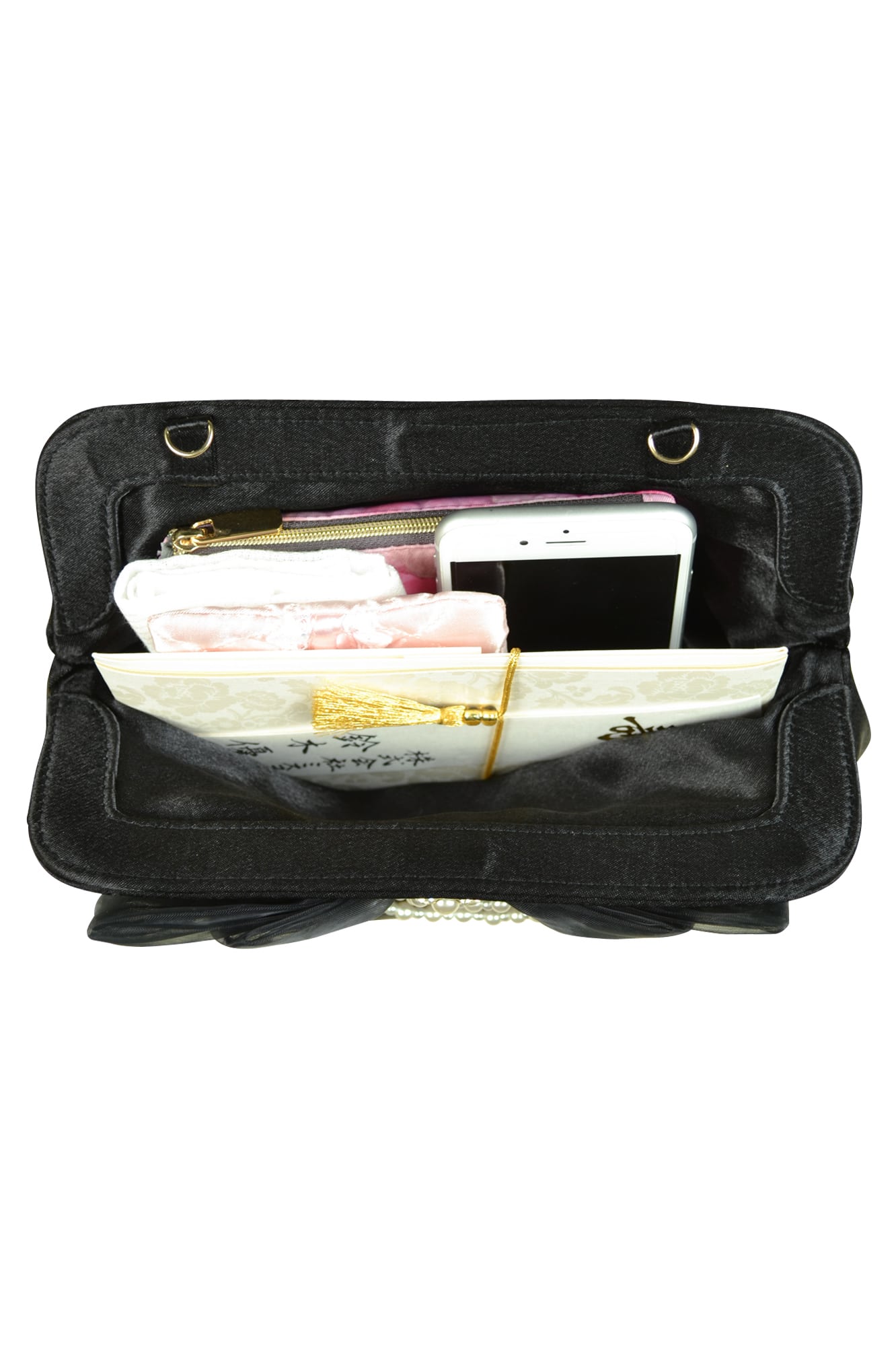 3Dリボンパールビジュブラック×ブラックバッグ