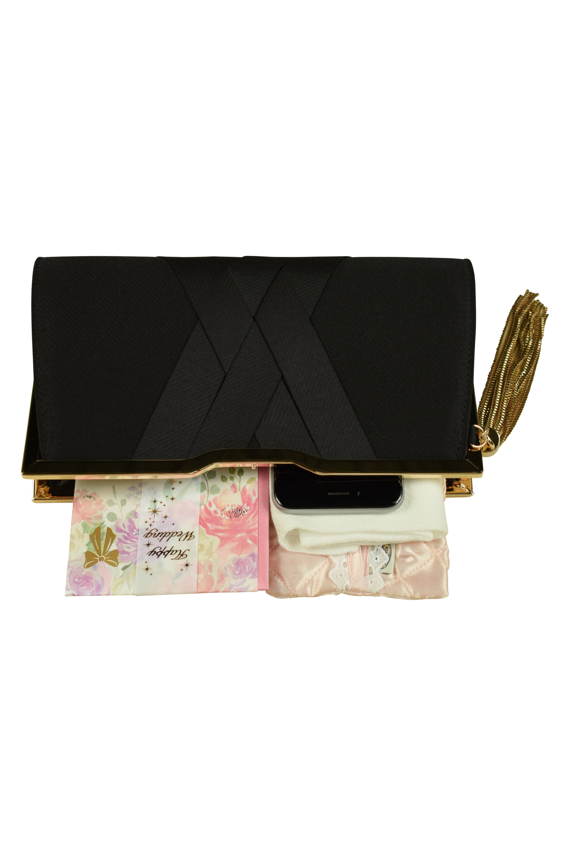 タッセル付きサテンブラッククラッチバッグ