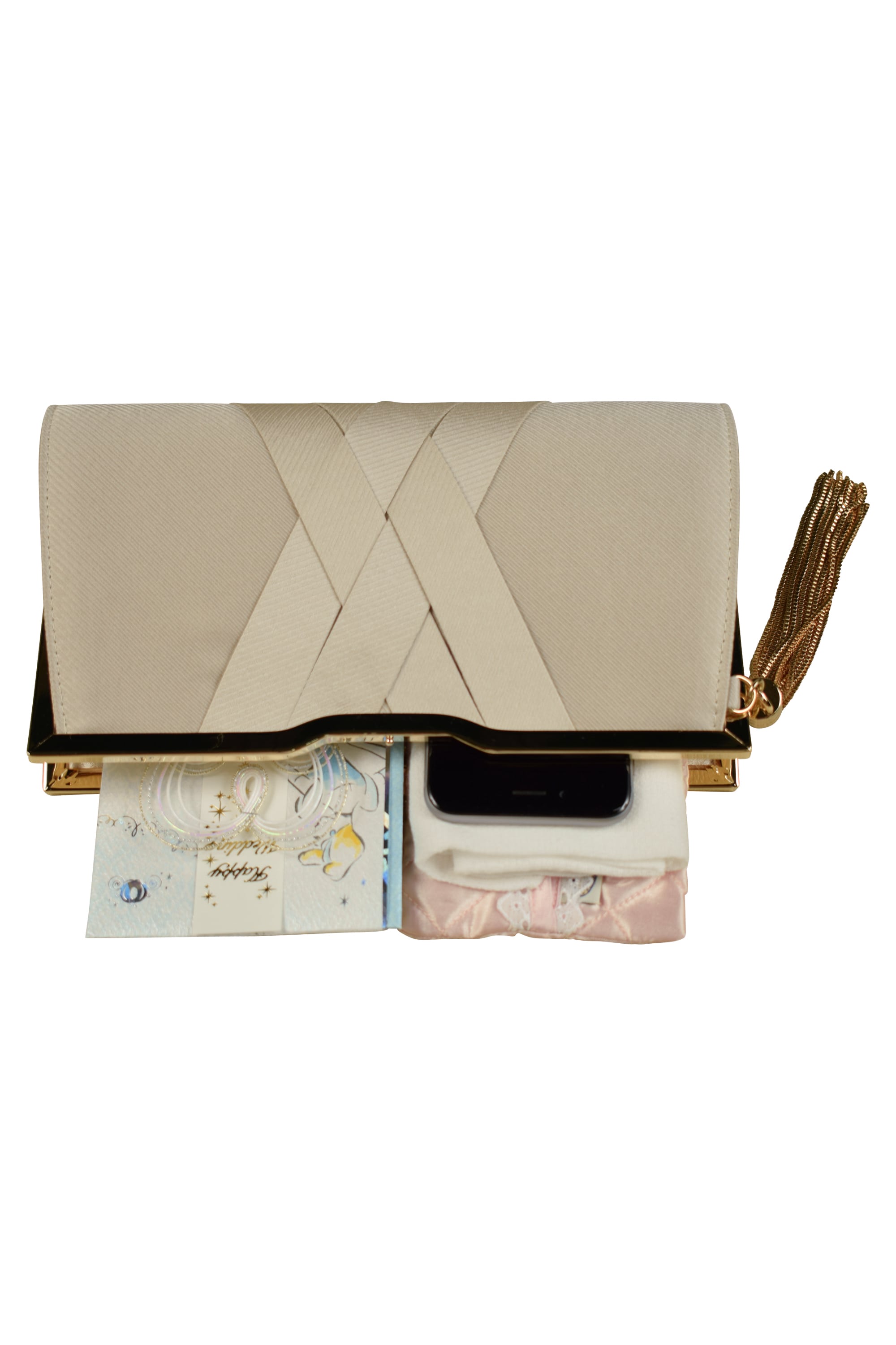 タッセル付きサテンシャンパンクラッチバッグ