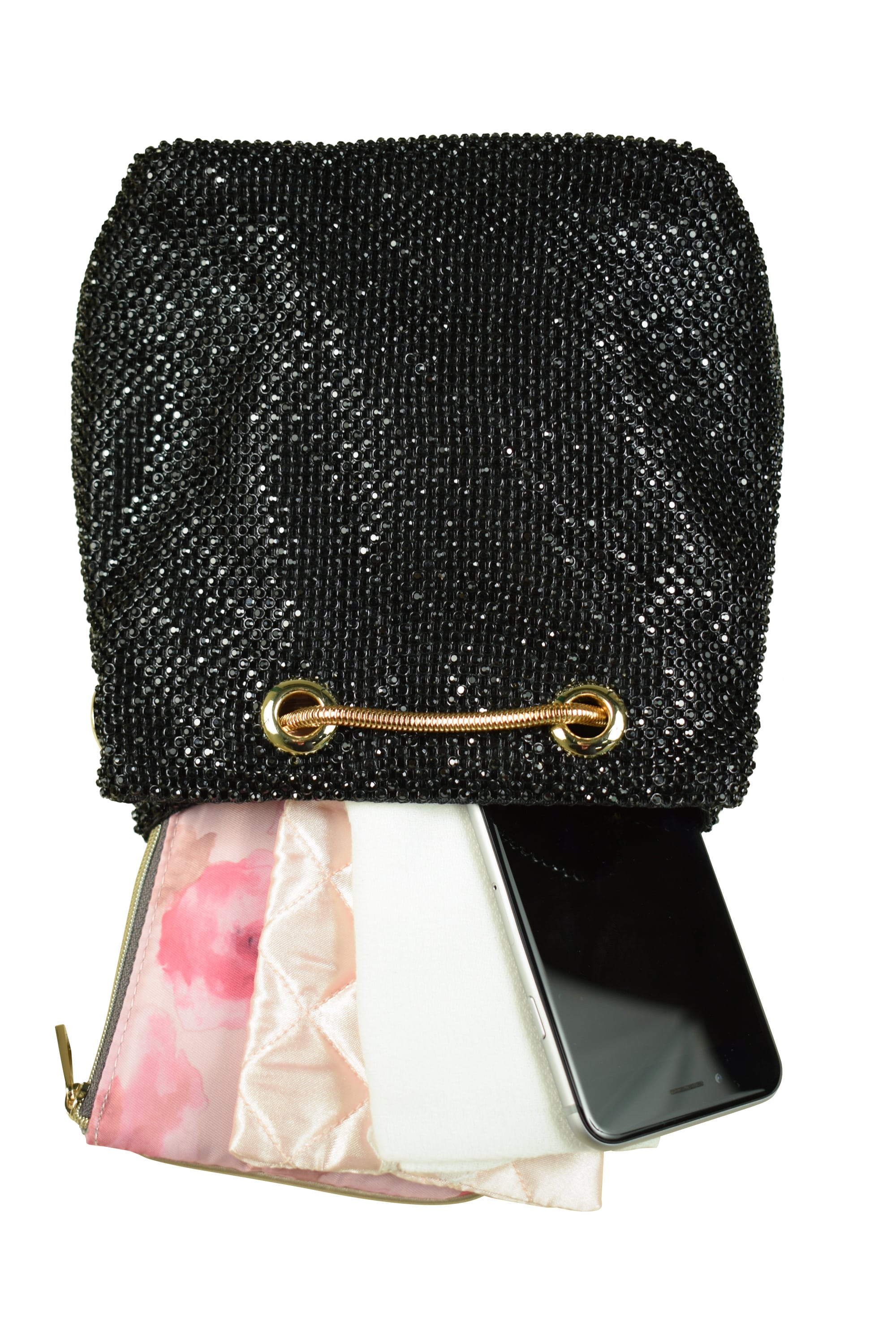 ラインストーン巾着ポシェットブラックバッグ