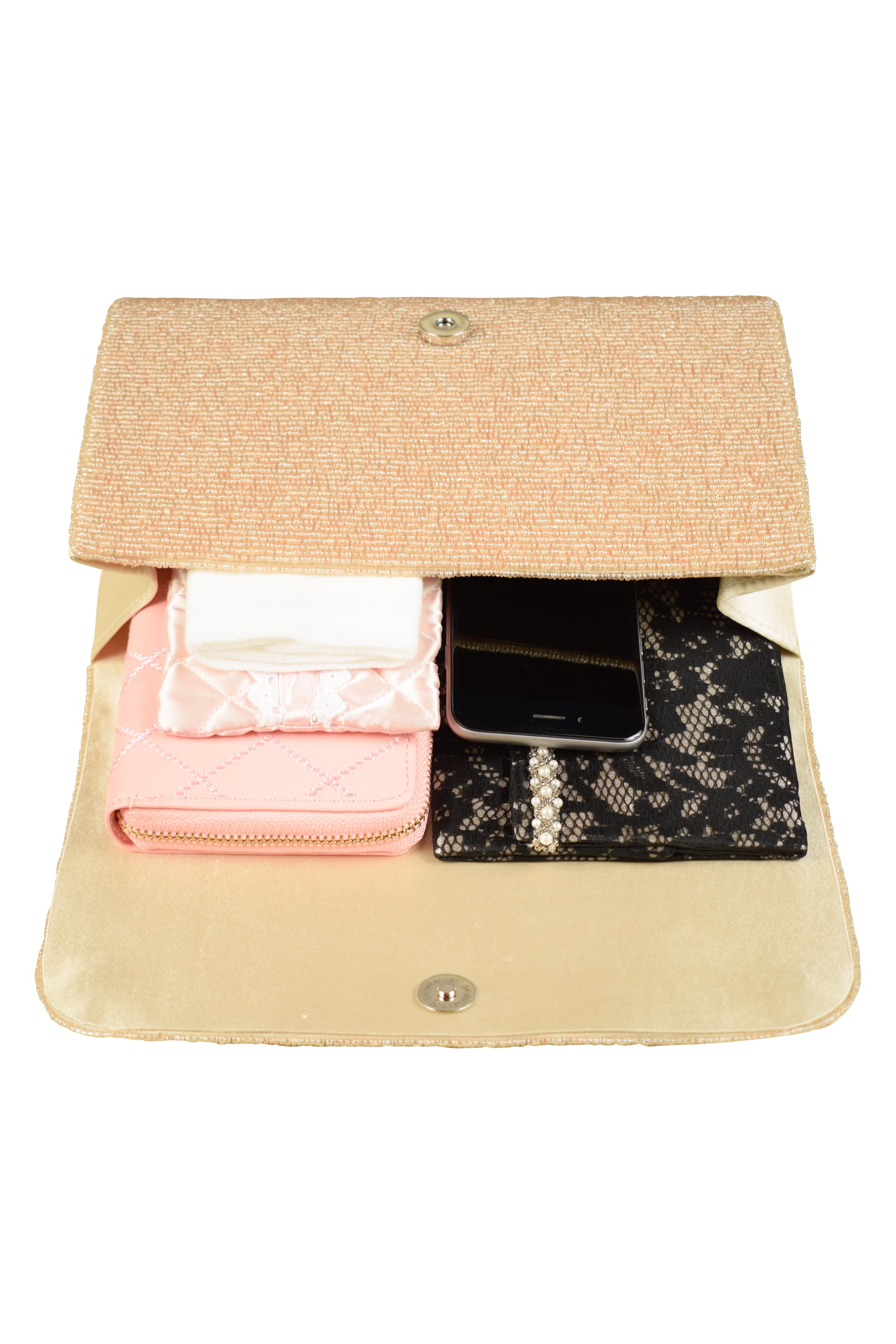 総デザインビーズライトオレンジバッグ