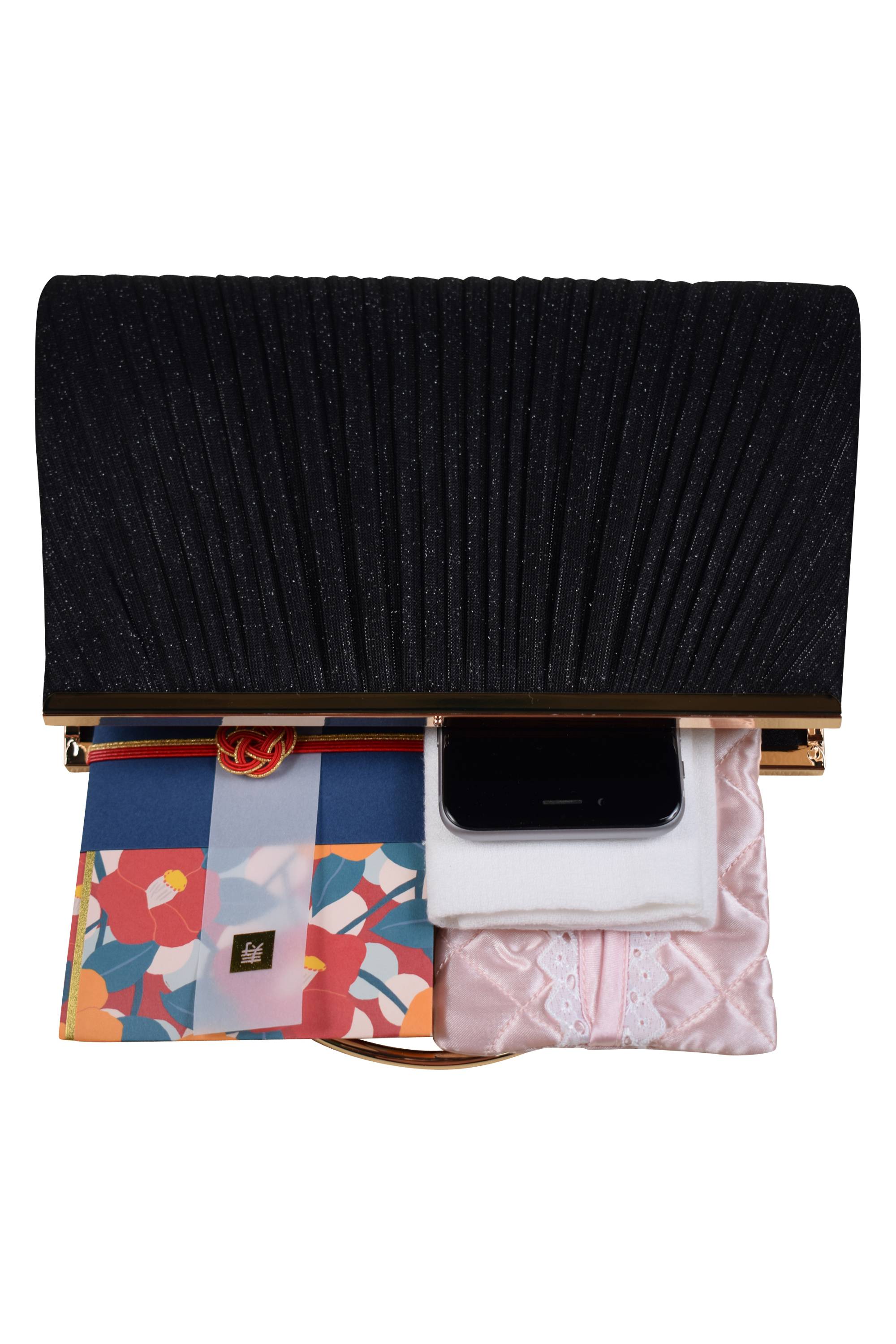 持ち手付きラメプリーツブラックバッグ