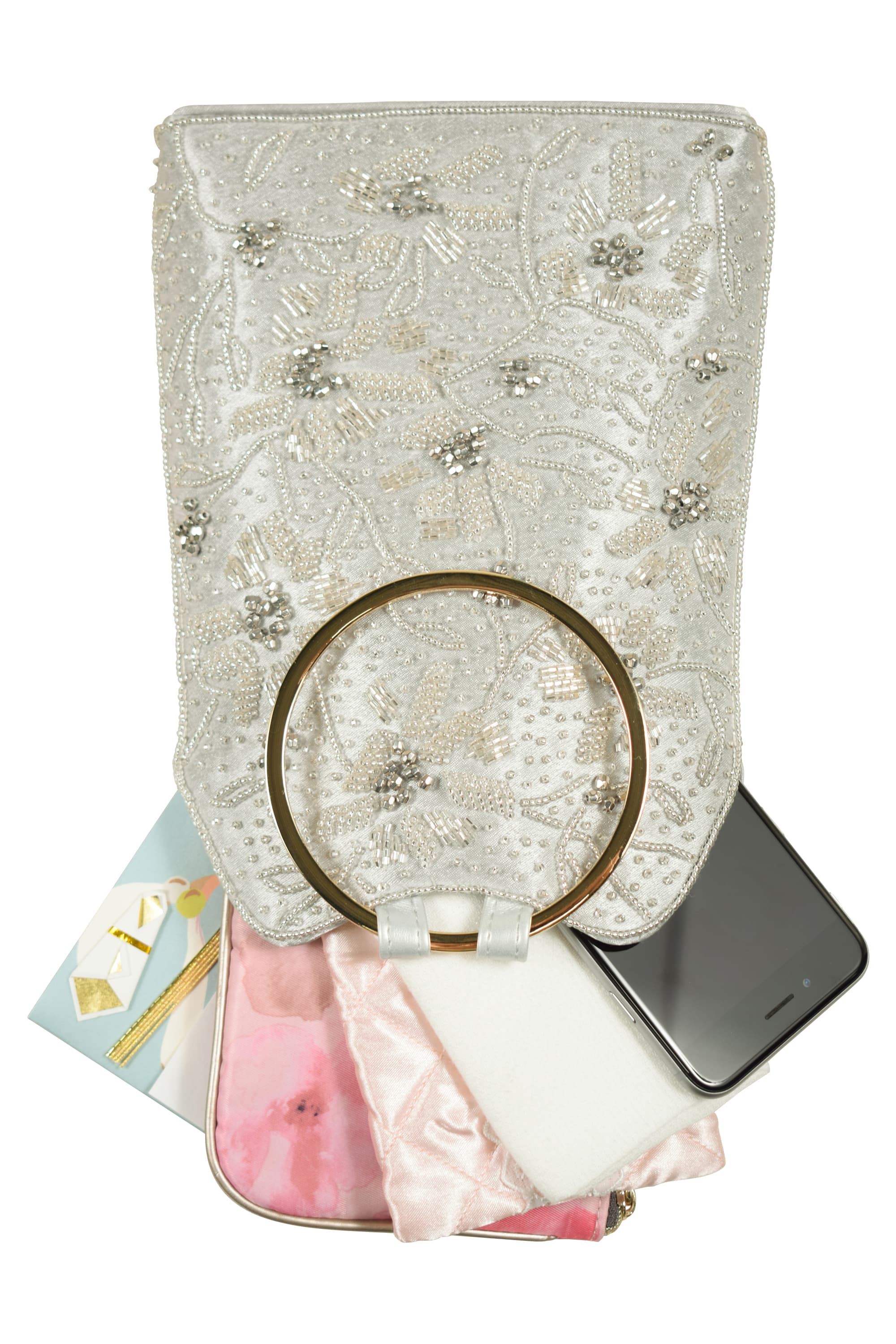 フラワービーズ刺繍シルバーバッグ