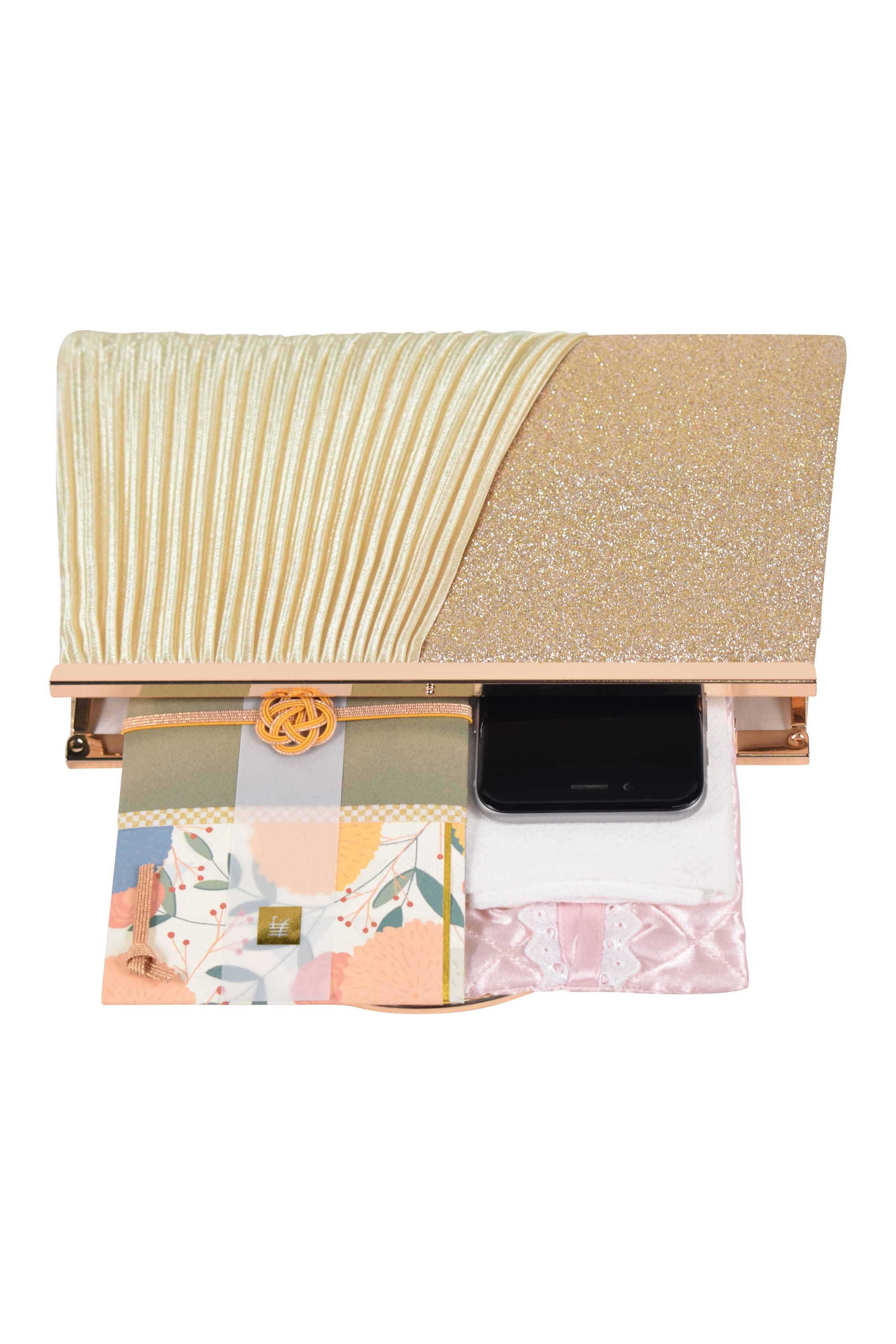 持ち手付きラメプリーツアシメゴールドバッグ