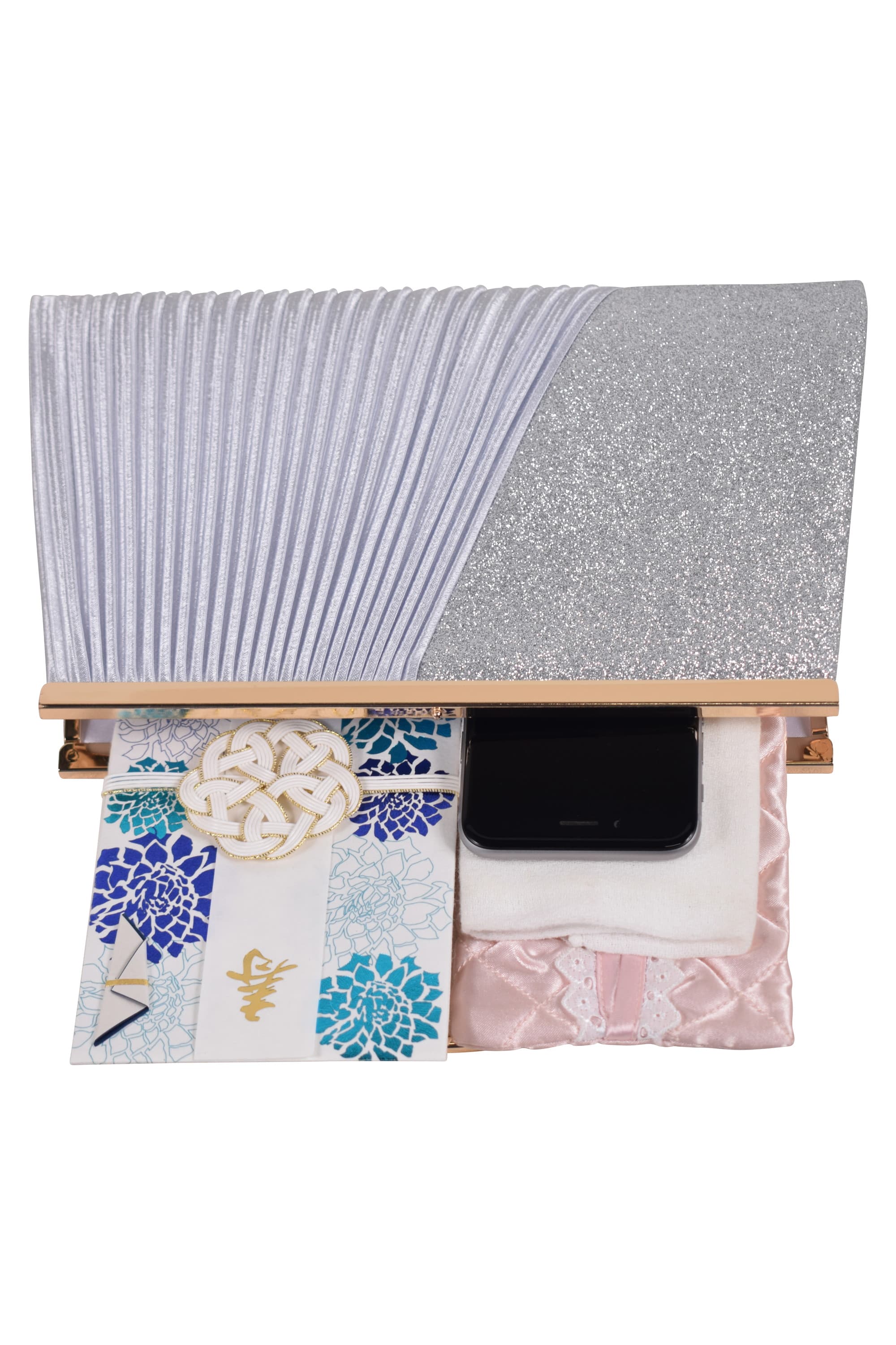 持ち手付きラメプリーツアシメシルバーバッグ