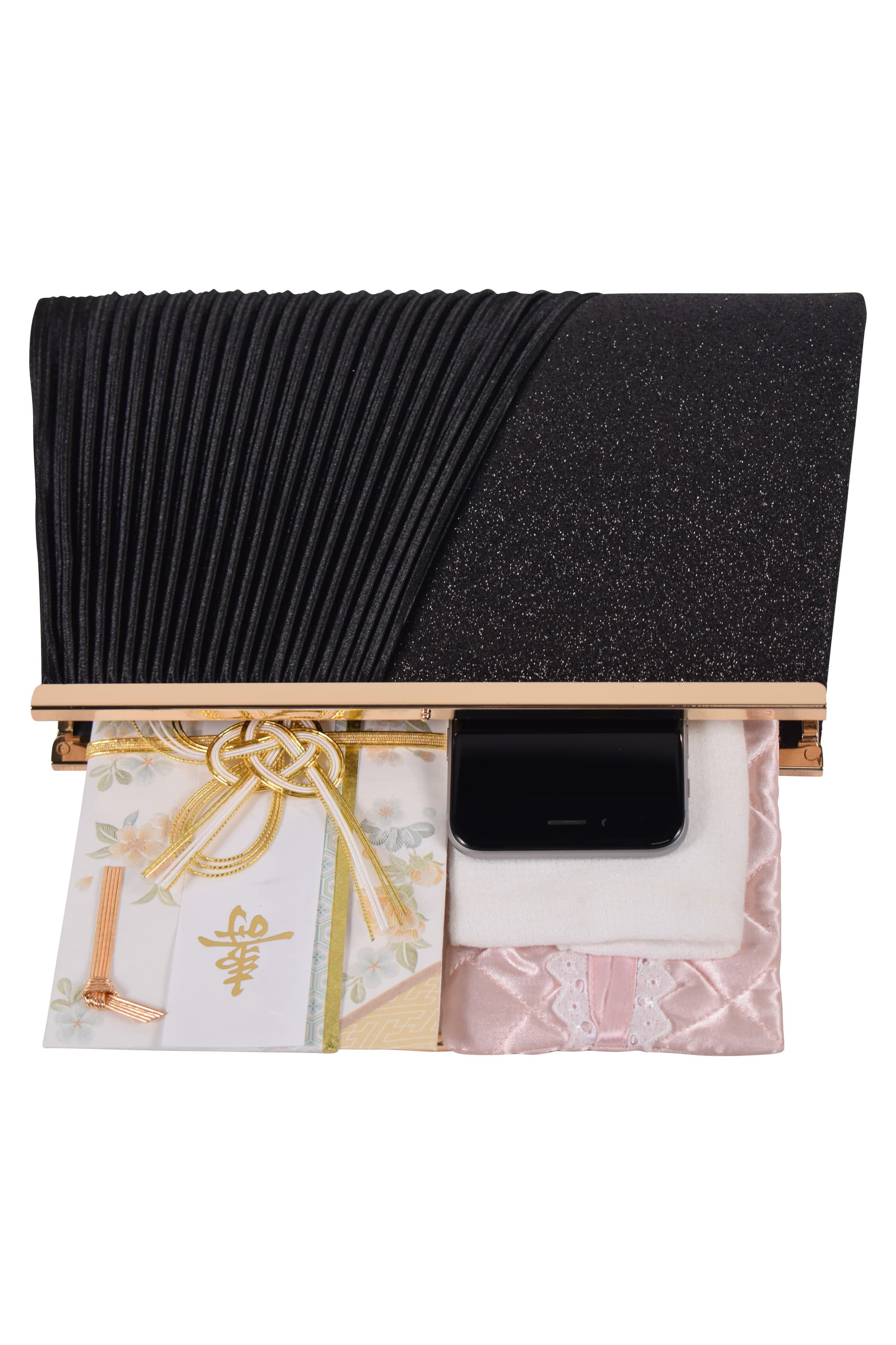 持ち手付きラメプリーツアシメブラックバッグ