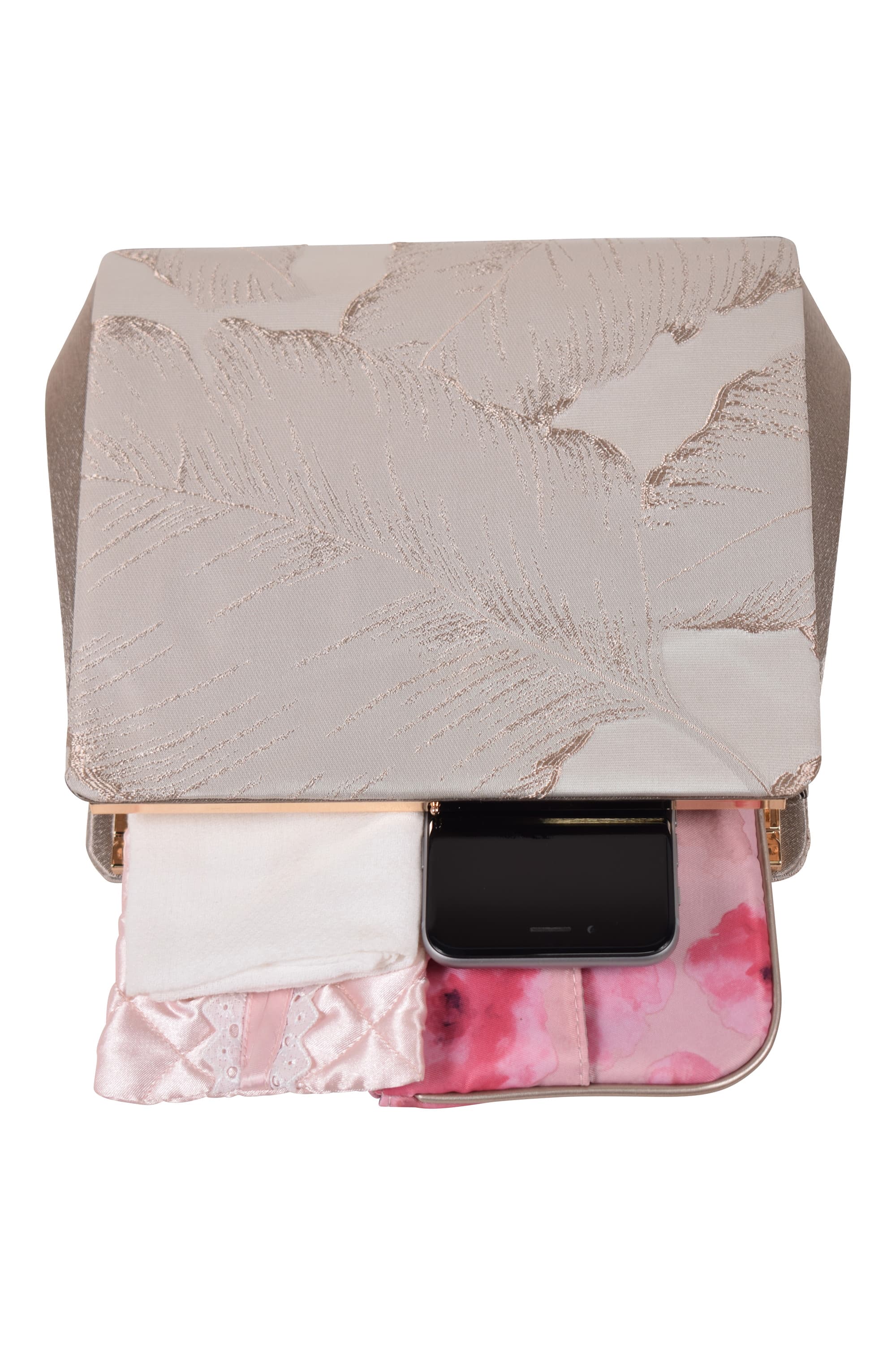 リーフ柄ジャガードがま口グレージュバッグ