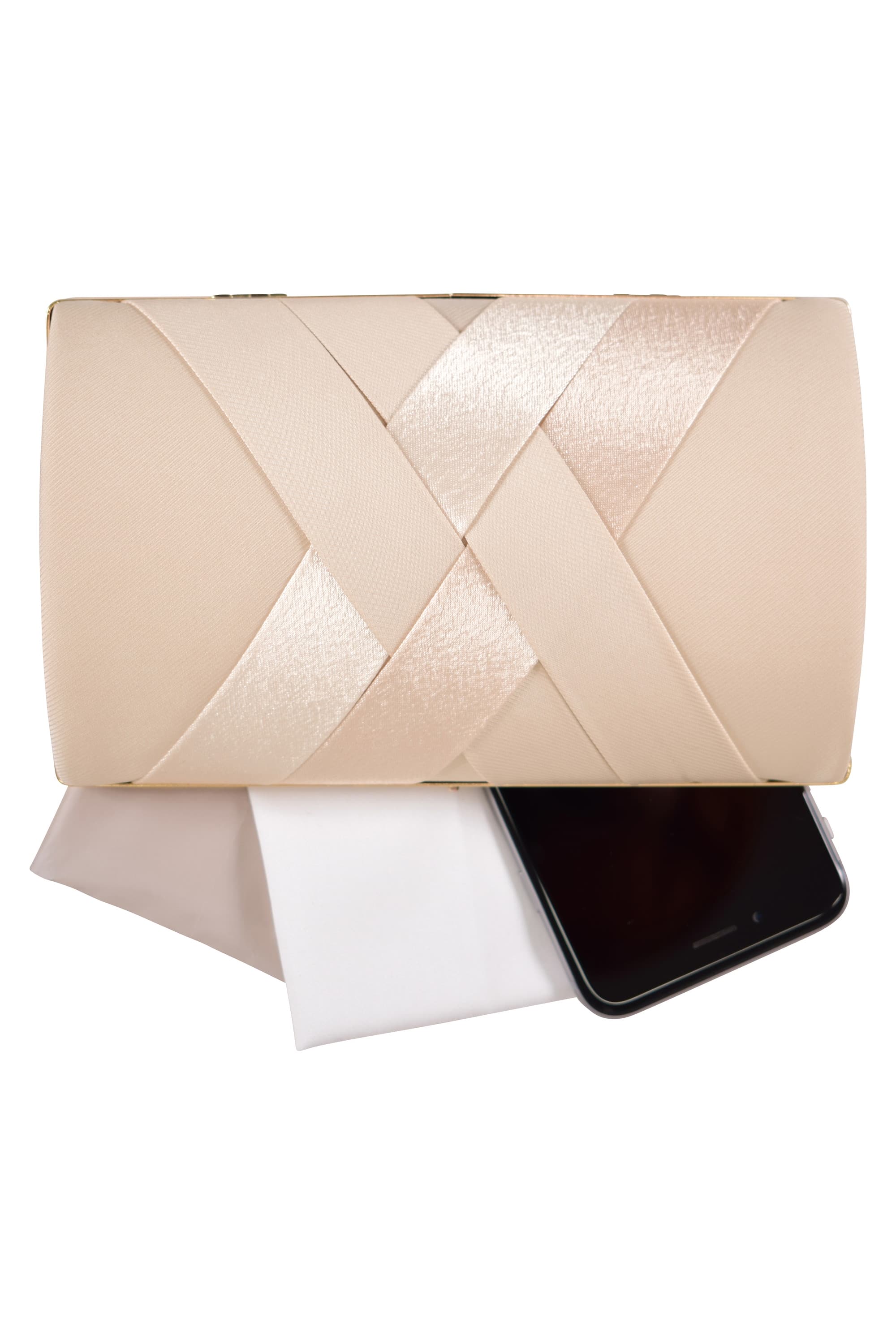 サテンクロス編みベージュバッグ