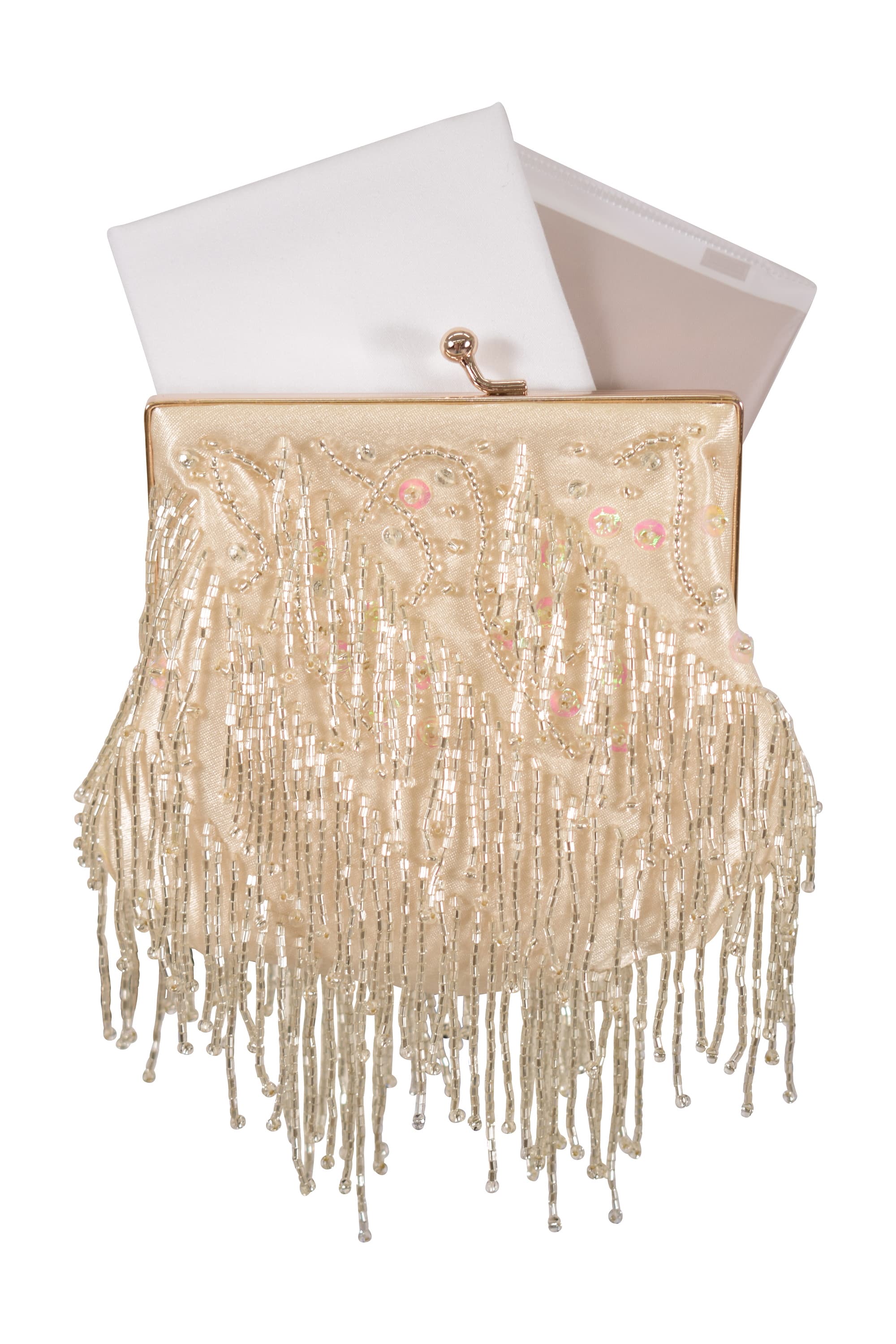 ビーズフリンジベージュバッグ