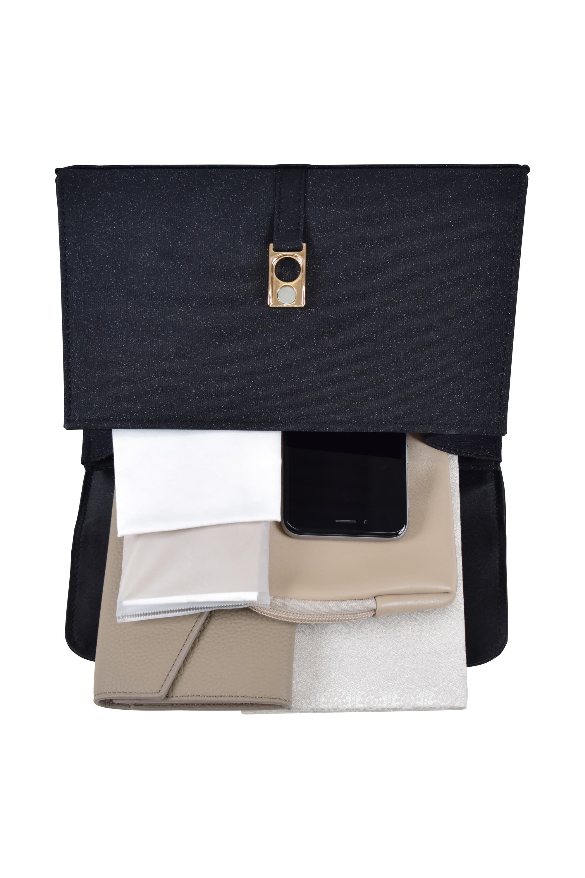 ベルト風スクエア型ラメブラックバッグ