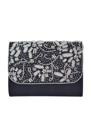 フラワービーズ刺繍スクエアブラックバッグ