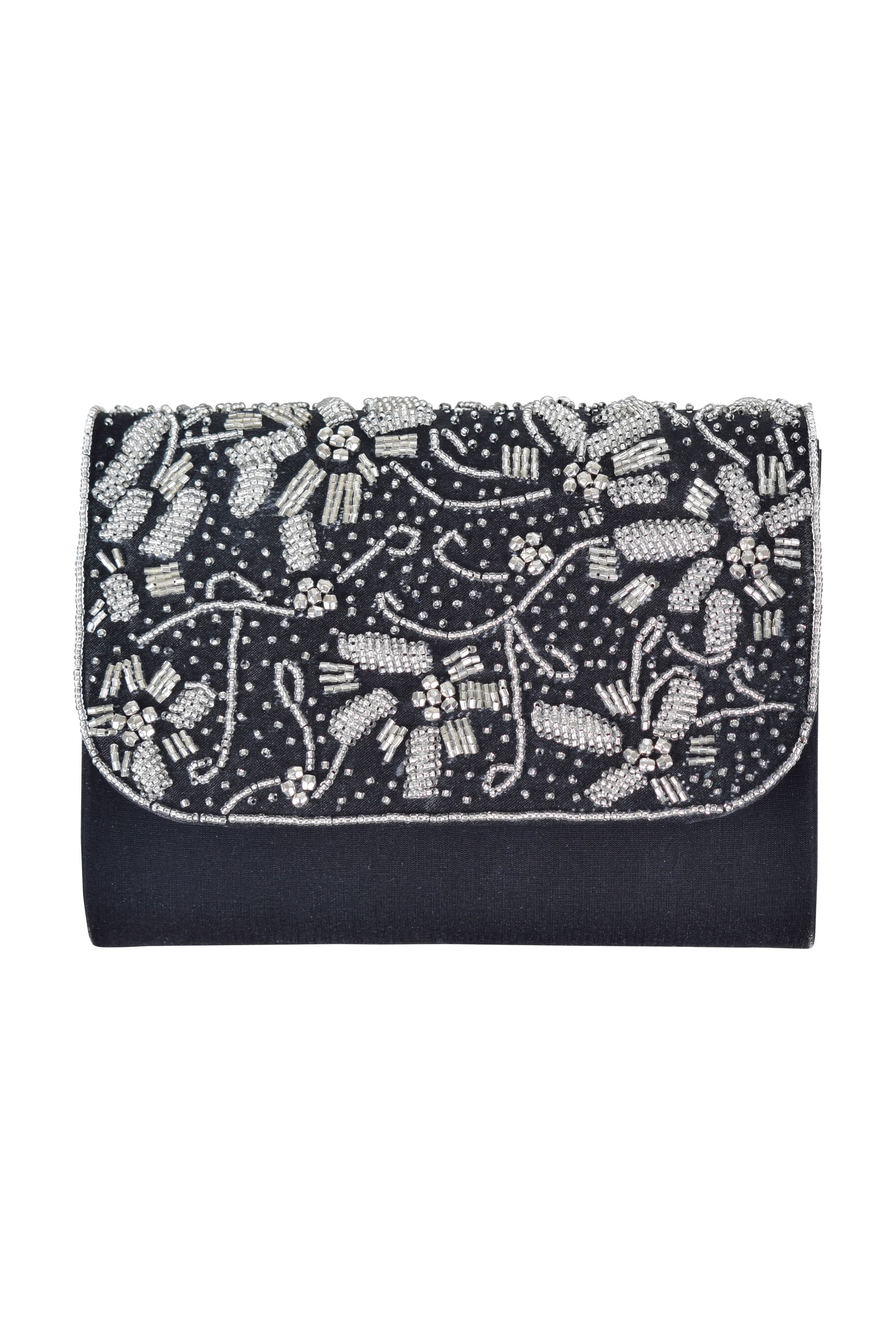 フラワービーズ刺繍スクエアブラックバッグ