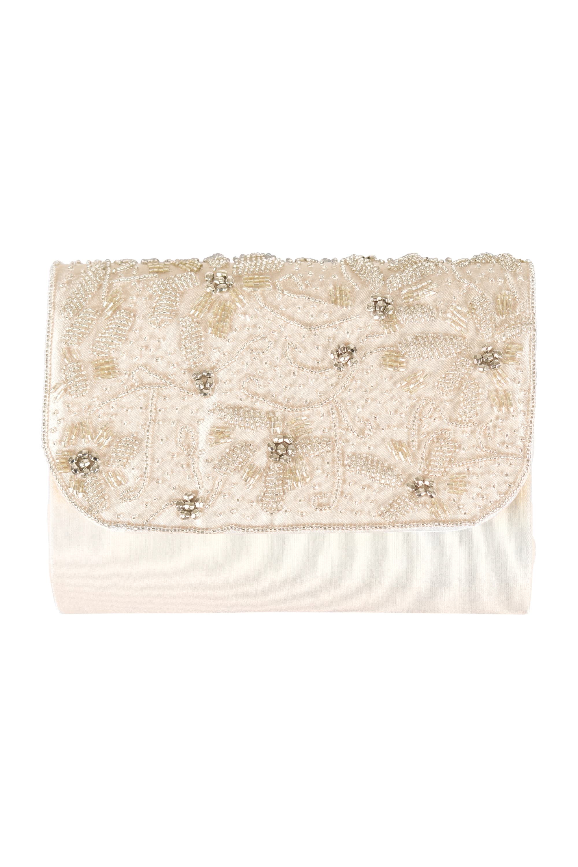 フラワービーズ刺繍スクエアベージュバッグ