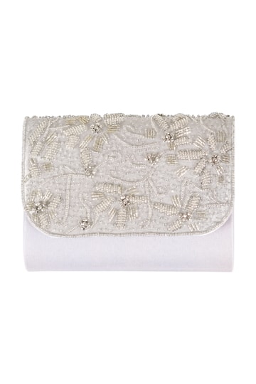 フラワービーズ刺繍スクエアシルバーバッグ