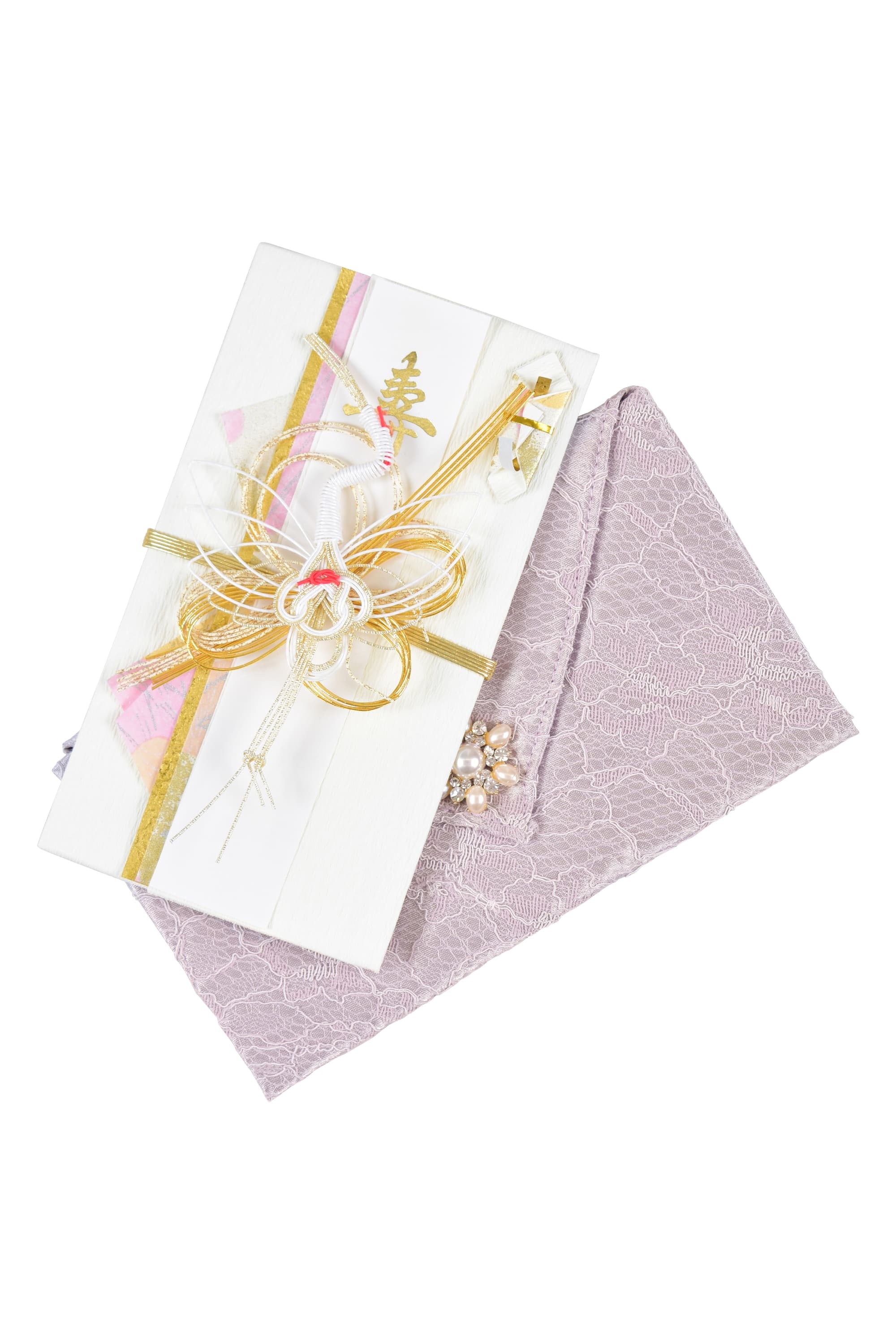 ビジュー付き花柄レースパープル袱紗