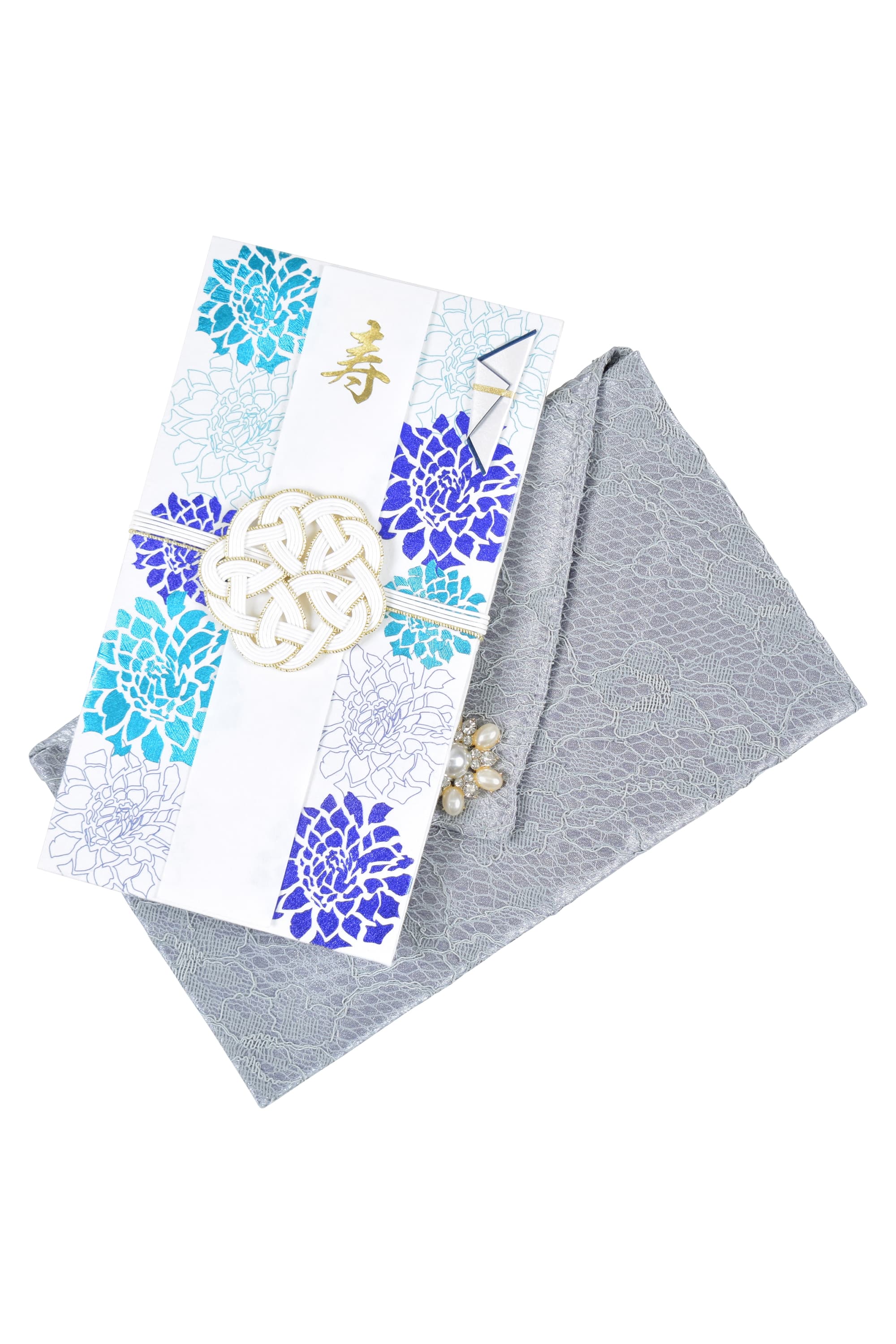 ビジュー付き花柄レースサックスブルー袱紗