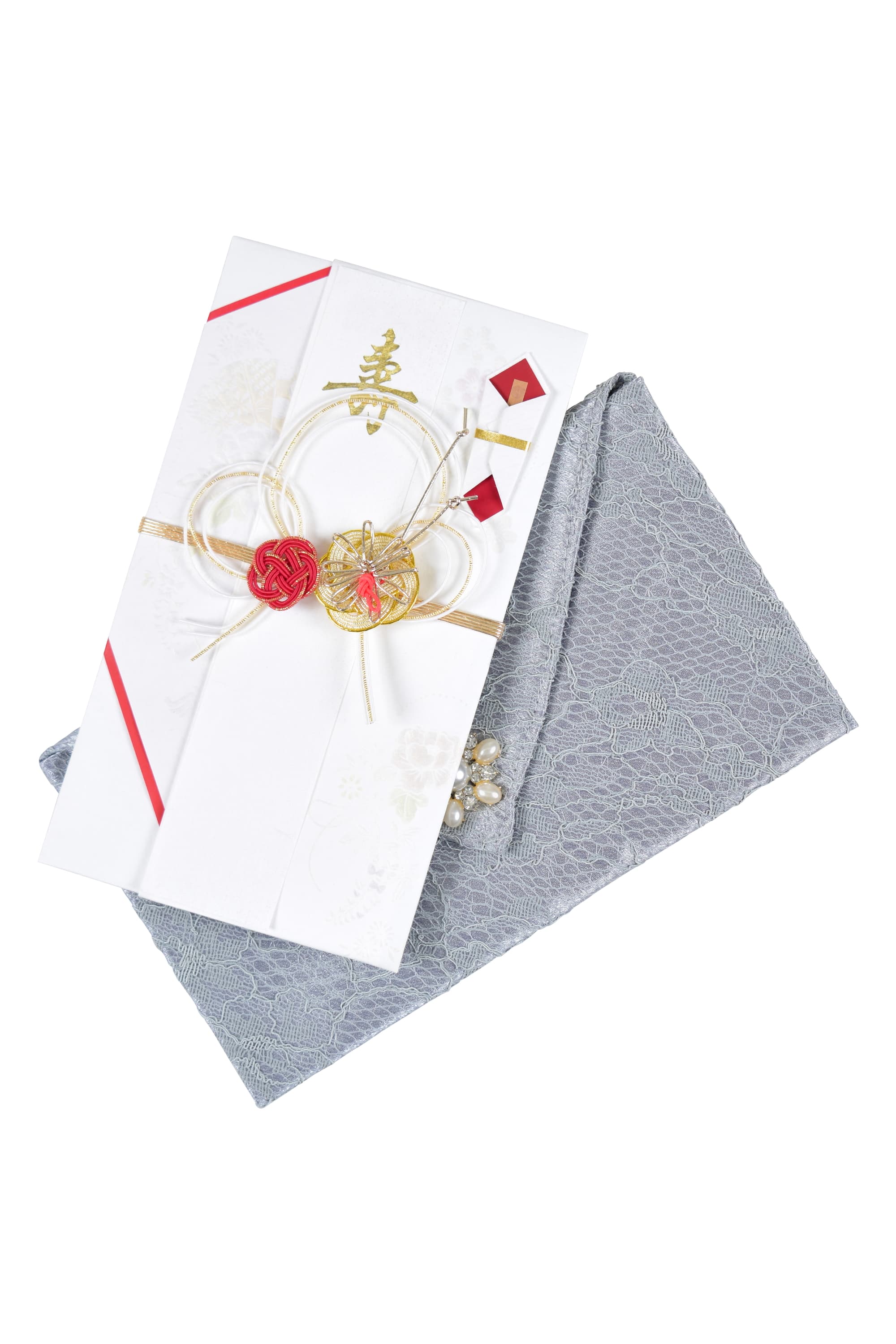 ビジュー付き花柄レースサックスブルー袱紗