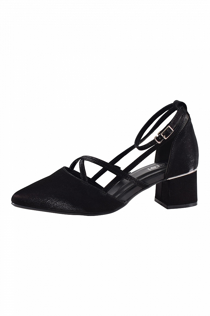 サテン調チャンキーヒールブラックパンプス