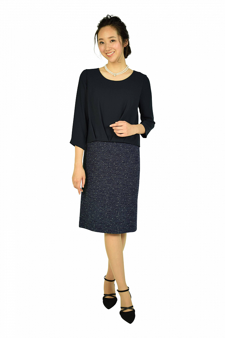 ツイード×シフォンネイビーセレモニーワンピースセット