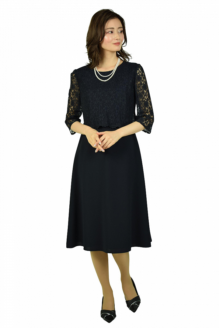 トップスレースネイビー×グレーワンピースセット