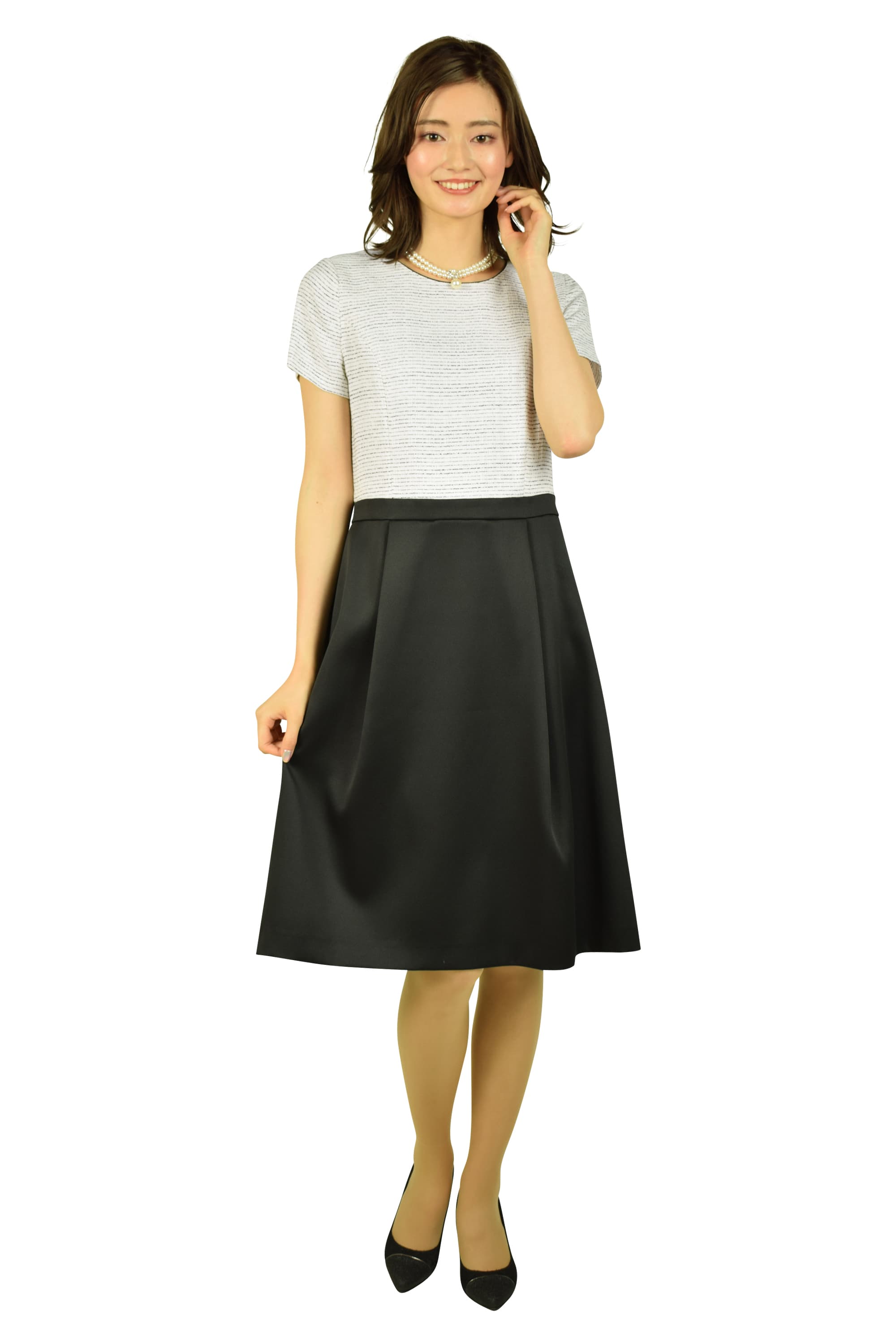 異素材MIXアイボリー×ブラックワンピースセット