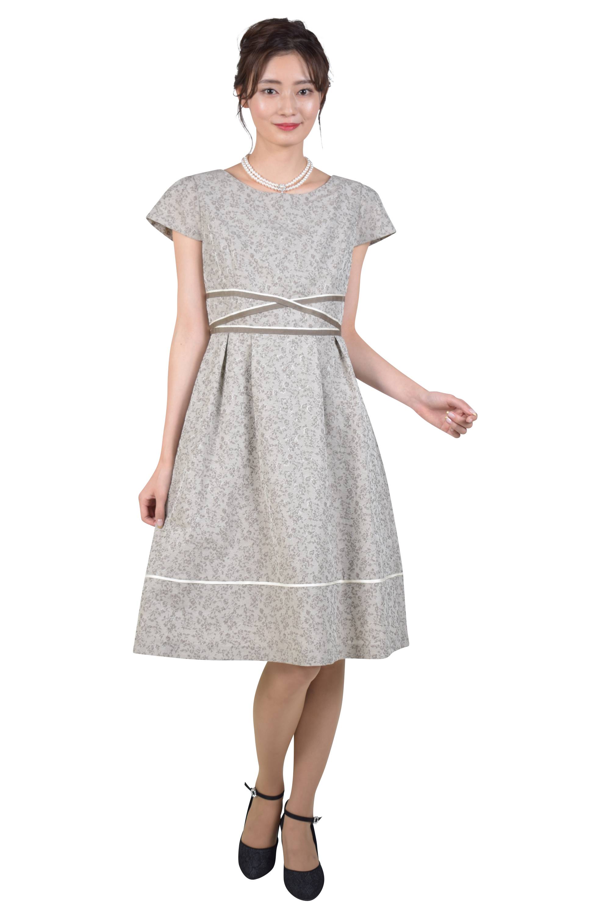 小花柄ジャガードベージュワンピーススーツセット