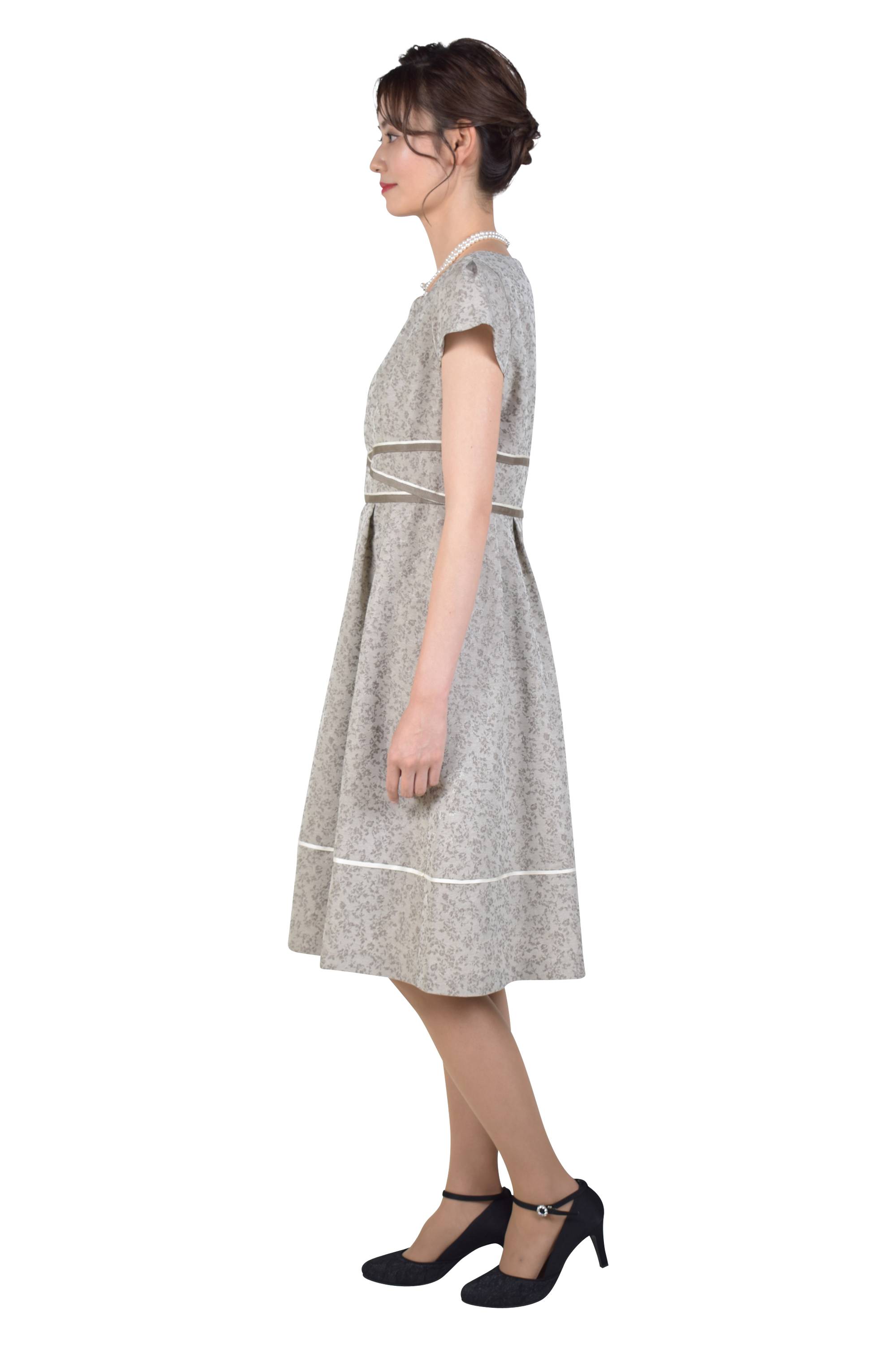 小花柄ジャガードベージュワンピーススーツセット