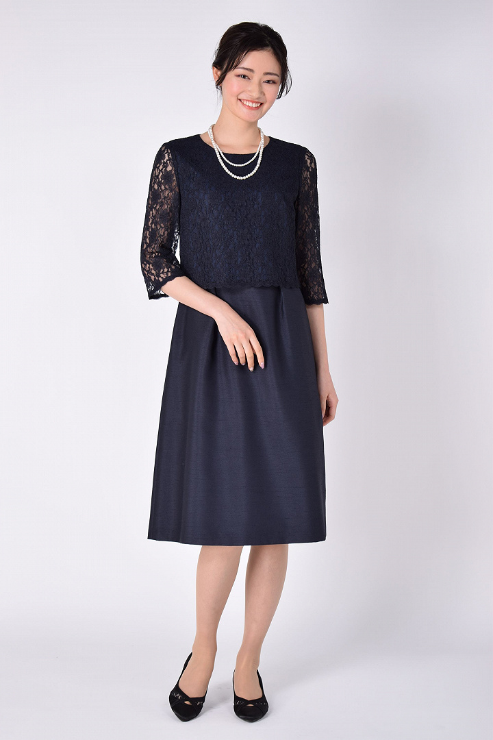 上品シャンタン×レースネイビーワンピースセット