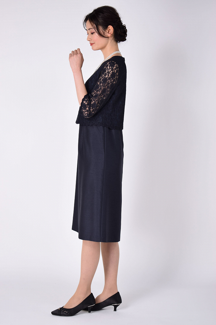 上品シャンタン×レースネイビーワンピースセット