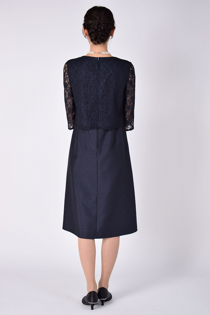 上品シャンタン×レースネイビーワンピースセット