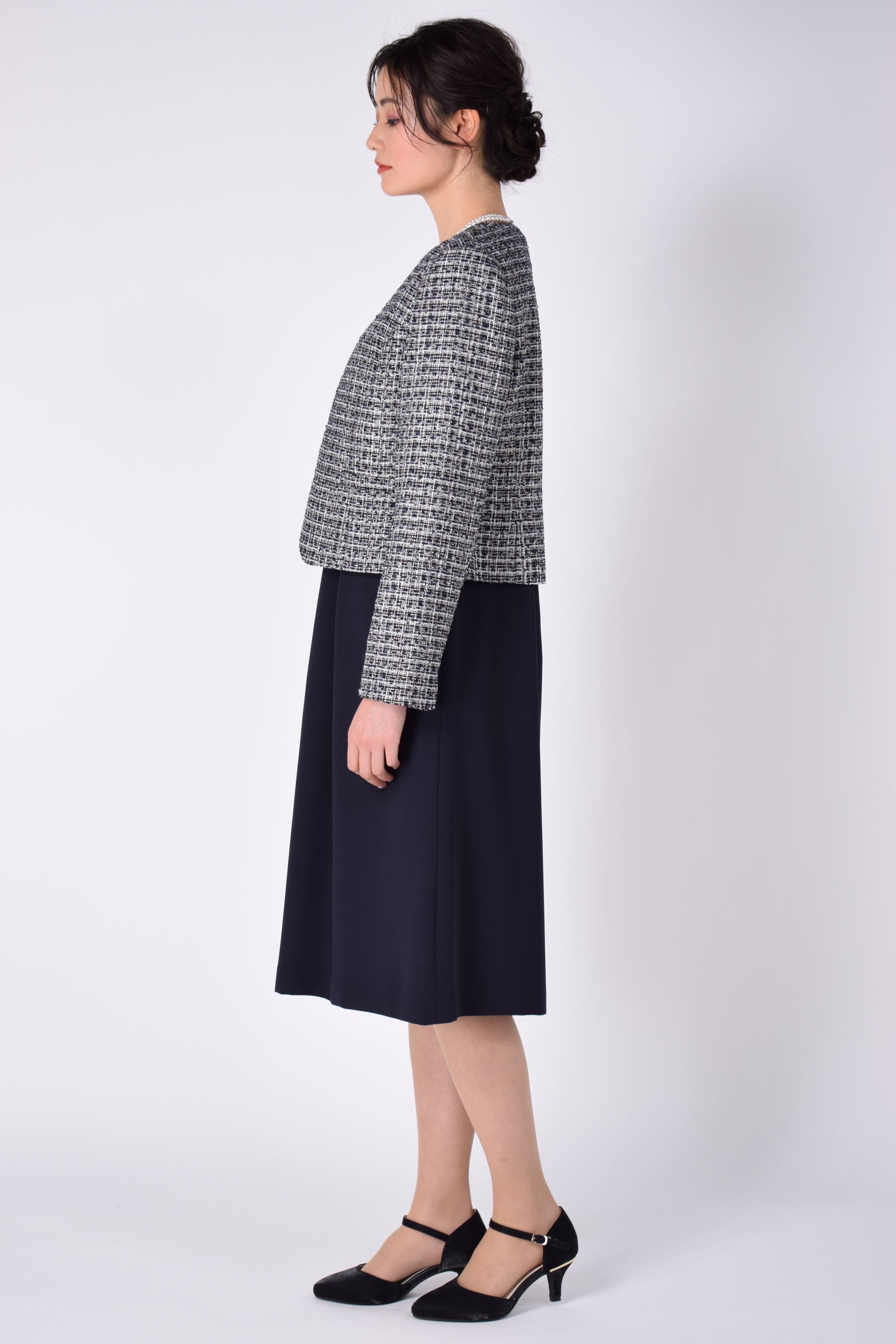 MIXツイード×ネイビーワンピースセット