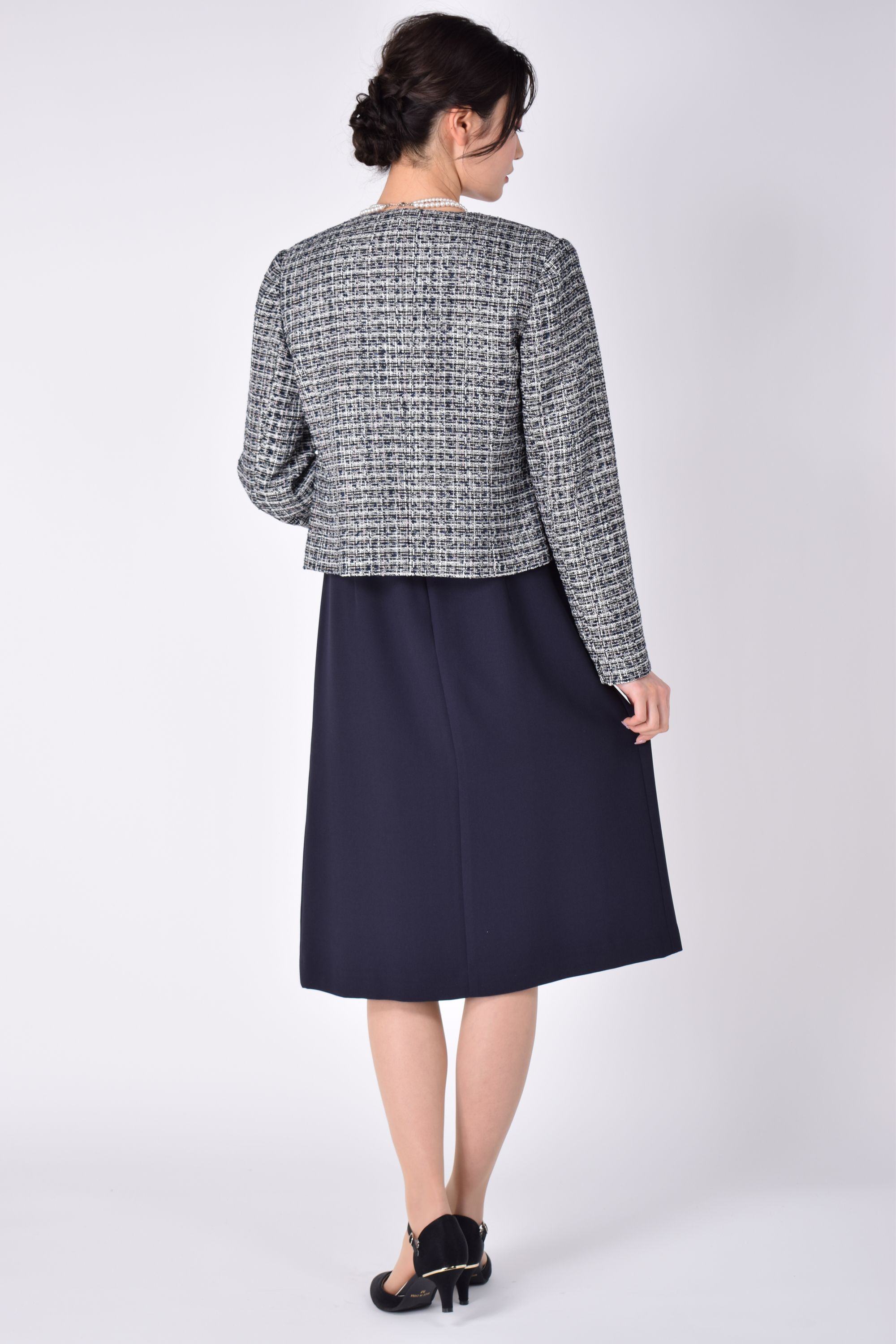 MIXツイード×ネイビーワンピースセット